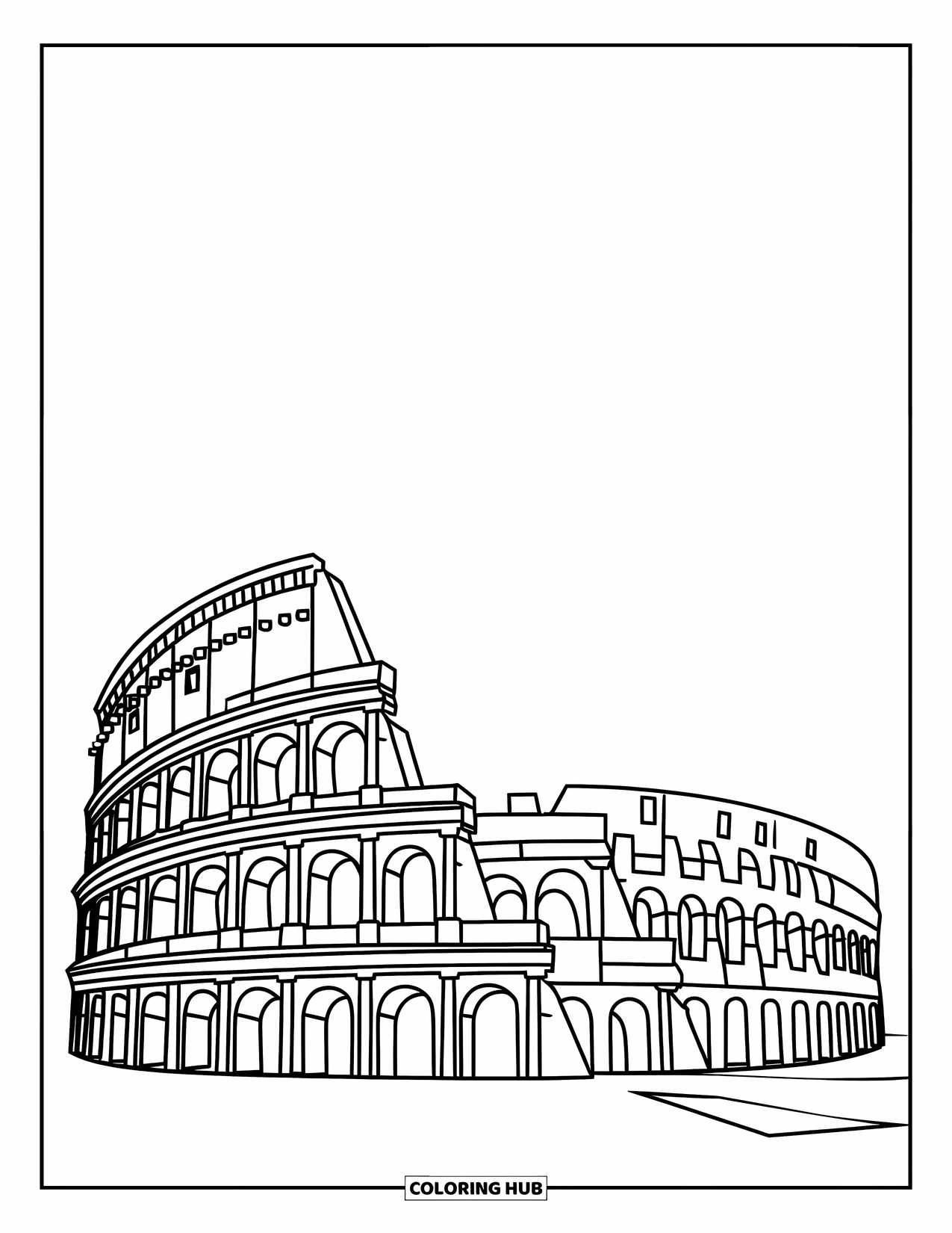 Architecture Coloring Page for Kids: The Colosseum stands in ruins with arches and steps from ancient Rome
