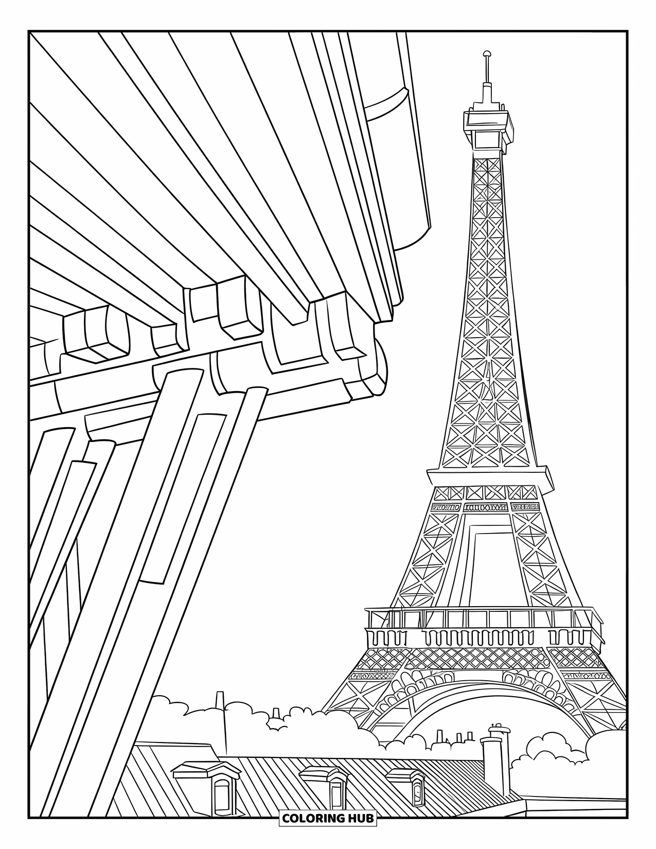 Architecture Coloring Page for Kids: The Eiffel Tower glimmers above Paris in a dreamy, modern style