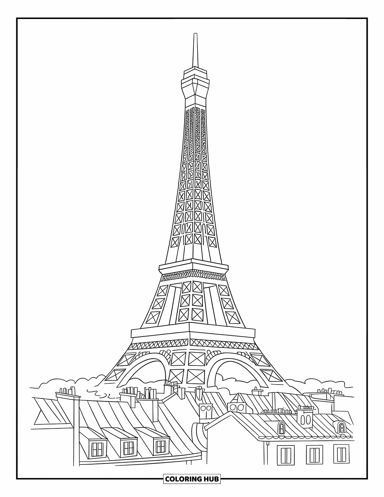 Architecture Coloring Page for Kids: The Eiffel Tower stands above charming rooftops under soft clouds