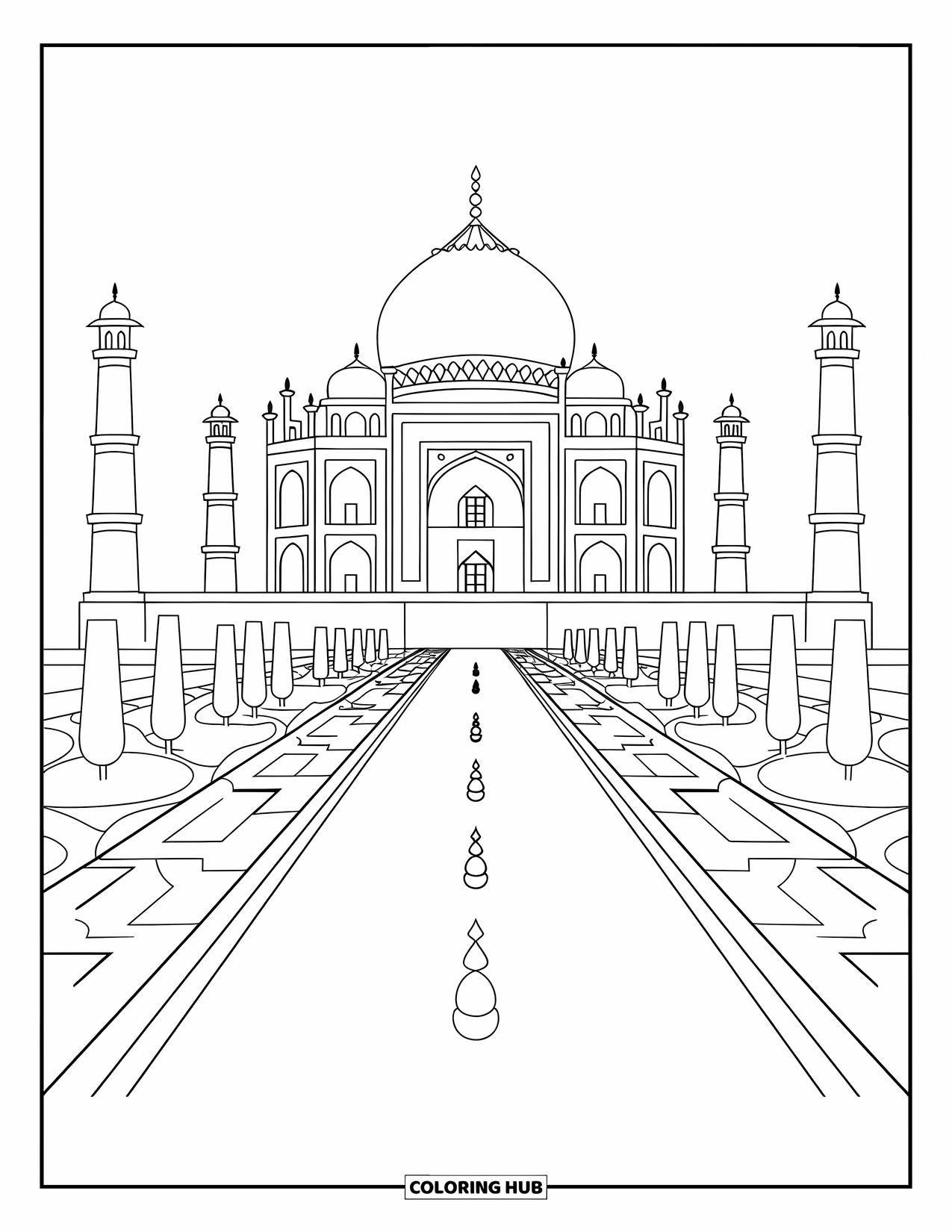 Architecture Coloring Page for Kids: The Taj Mahal glows among gardens, domes, and towering white minarets