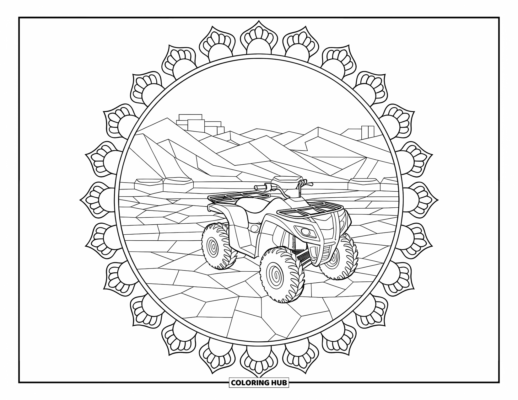 Atv Coloring Page for Adults: A desert ATV scene with patterned ground and a mandala border around mountains and a building