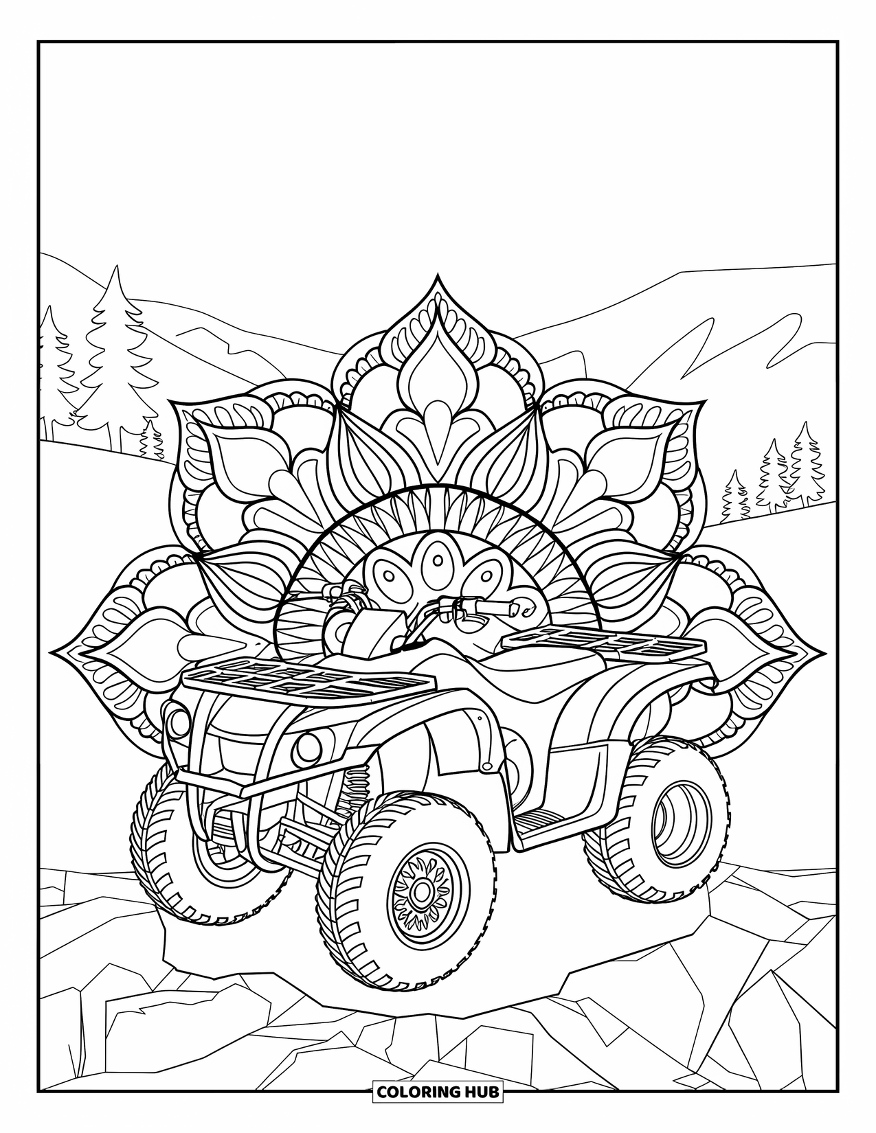 Atv Coloring Page for Adults: A detailed ATV stands on rocky terrain surrounded by floral mandalas and mountains