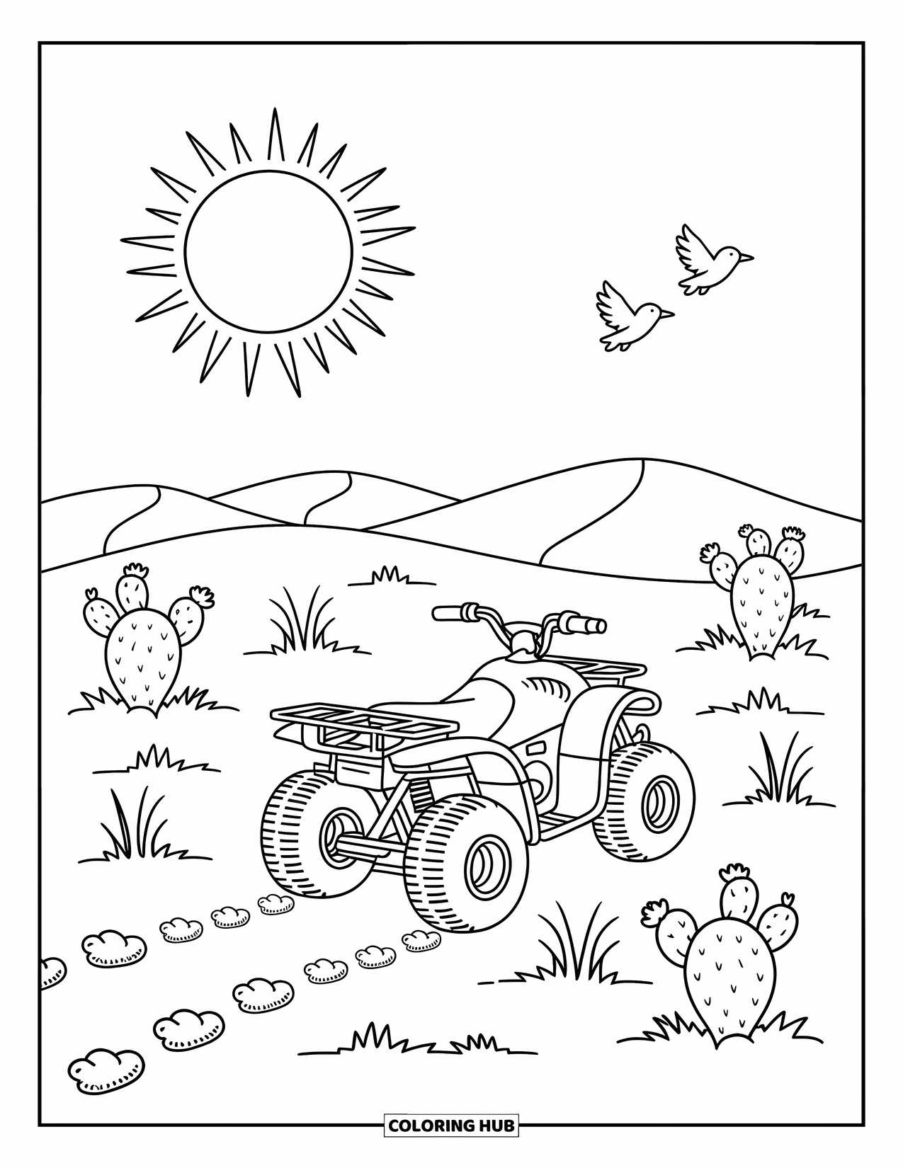 Atv Coloring Page for Adults: A joyful ATV drives across sandy hills with cactus buds and soft grass tufts