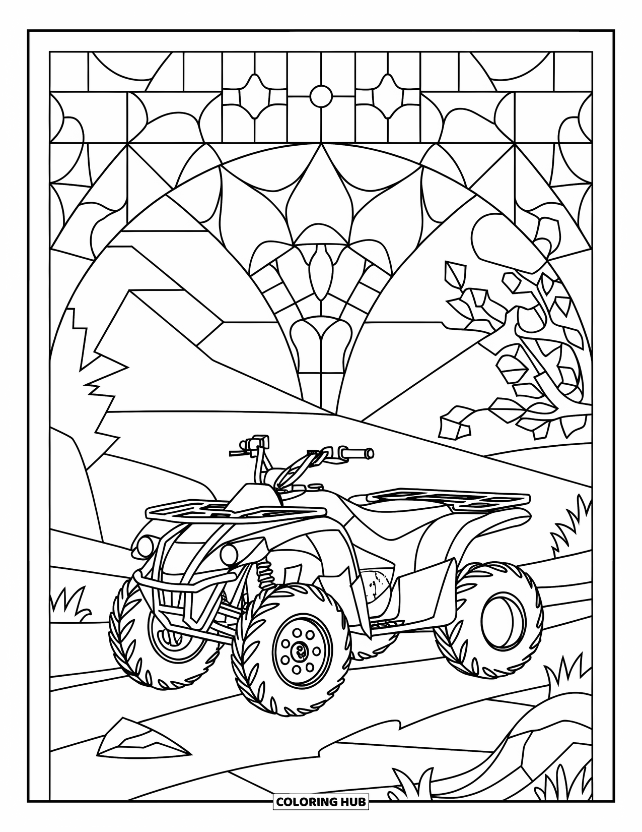 Atv Coloring Page for Adults: A side-view ATV sits on a dirt path framed by geometric stained-glass patterns