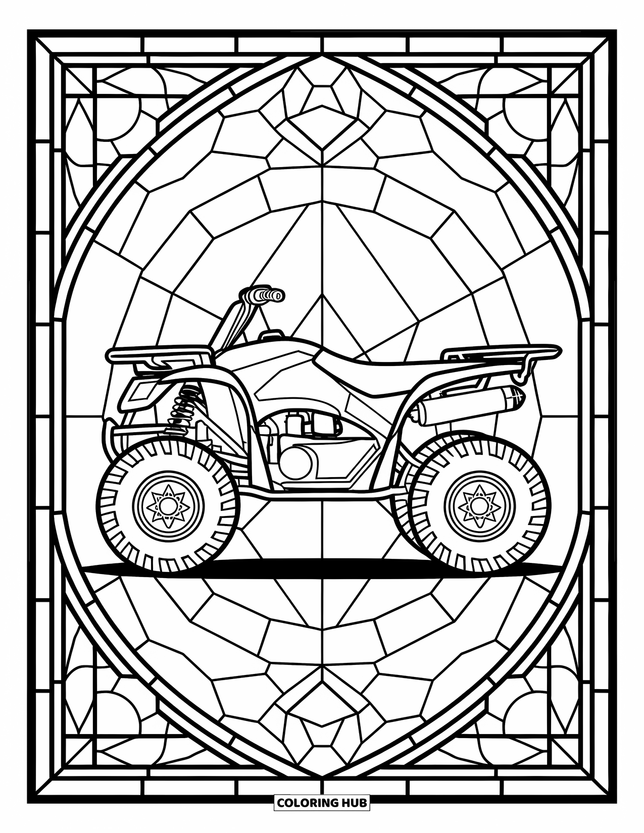Atv Coloring Page for Adults: A side-view ATV stands on rocky ground with a stained-glass style geometric frame