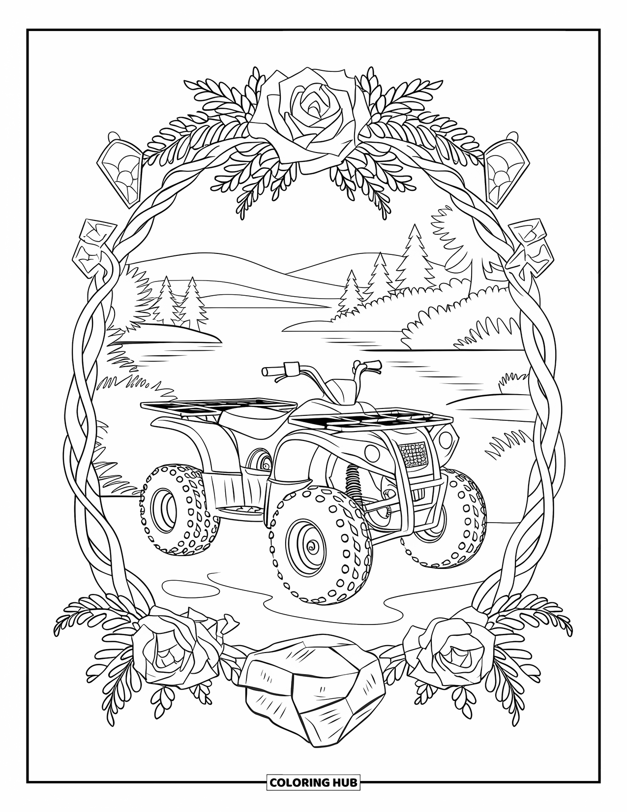 Atv Coloring Page for Adults: A vintage ATV in a rose-and-fern frame near water, trees, and a stone bridge