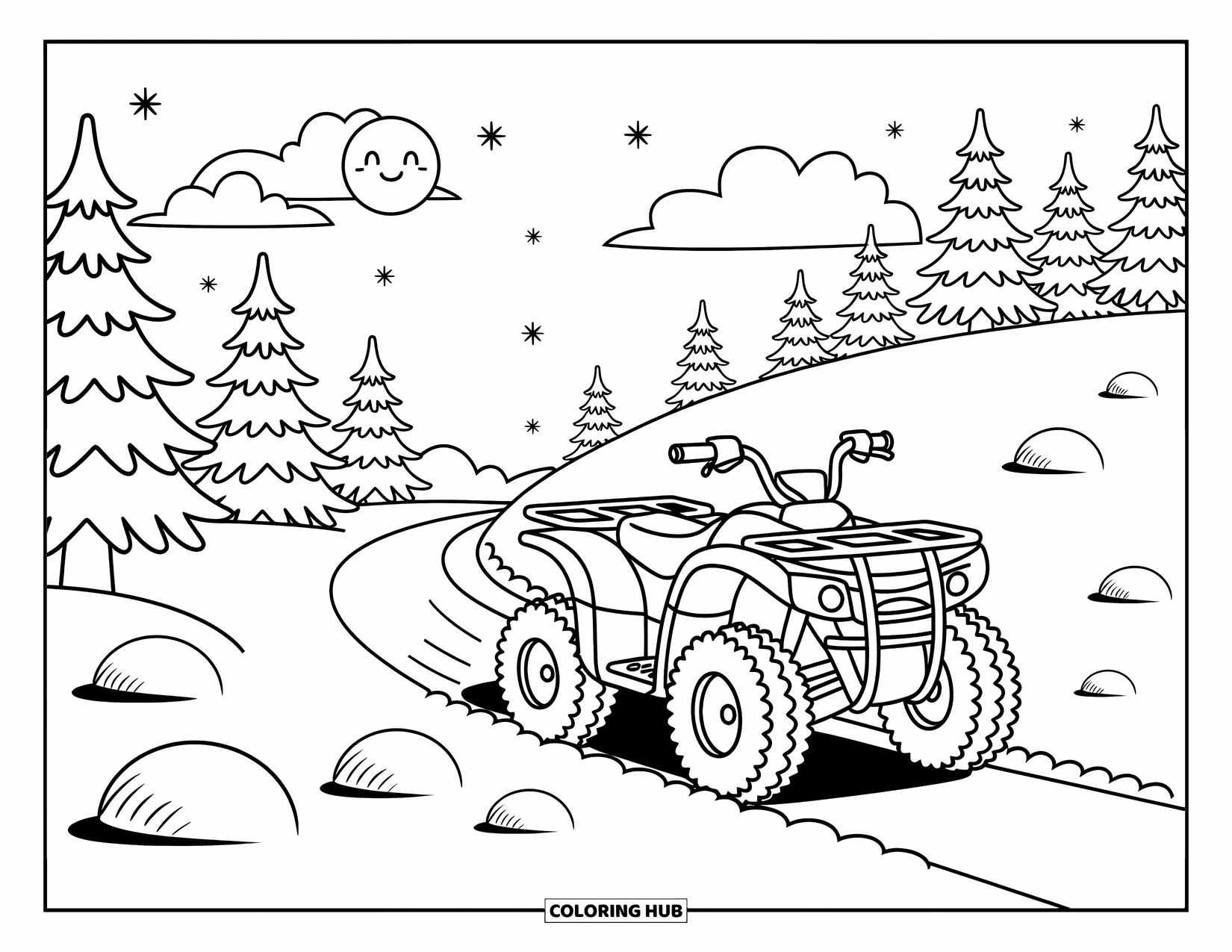Atv Coloring Page for Adults: An ATV climbs a snowy path lined with snow-covered trees and playful snowballs