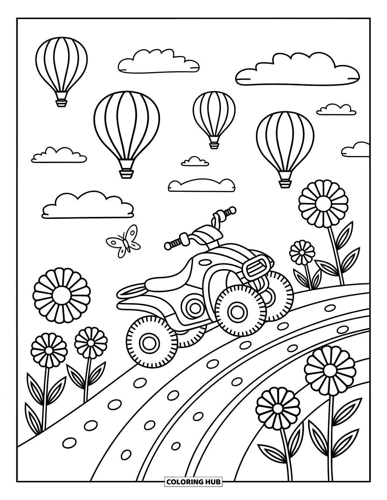 Atv Coloring Page for Adults: An ATV drives up a flowered hill under balloons and a dancing butterfly