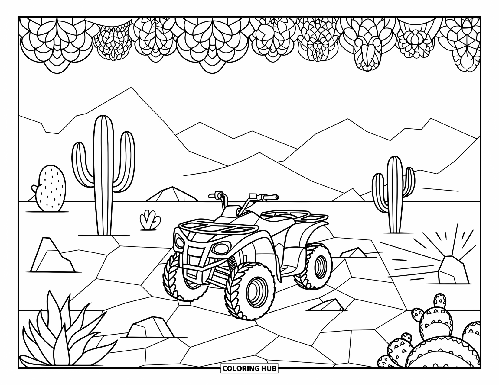 Atv Coloring Page for Adults: An ATV rests in a desert with cracked earth, cacti, and a succulent mandala frame