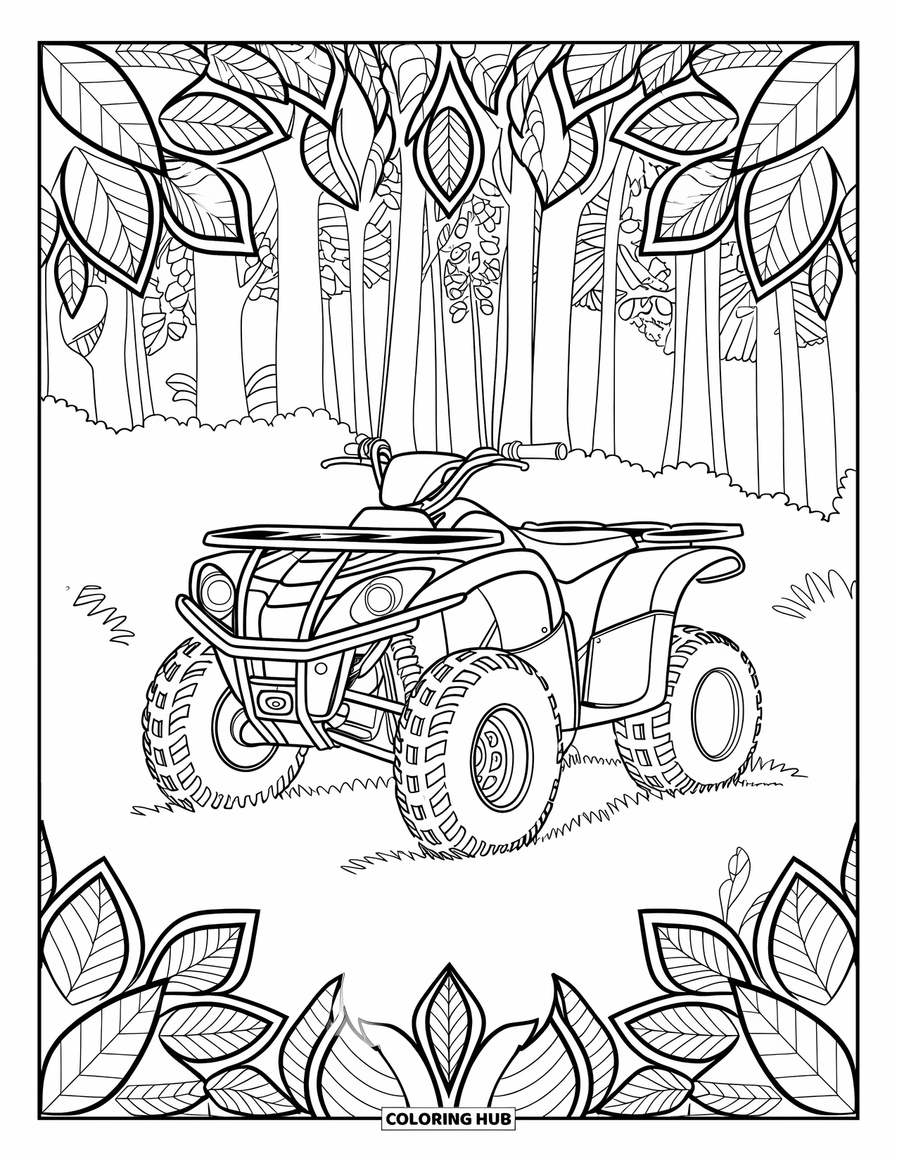 Atv Coloring Page for Adults: An ATV rests in a forest clearing with trees and leaf mandalas