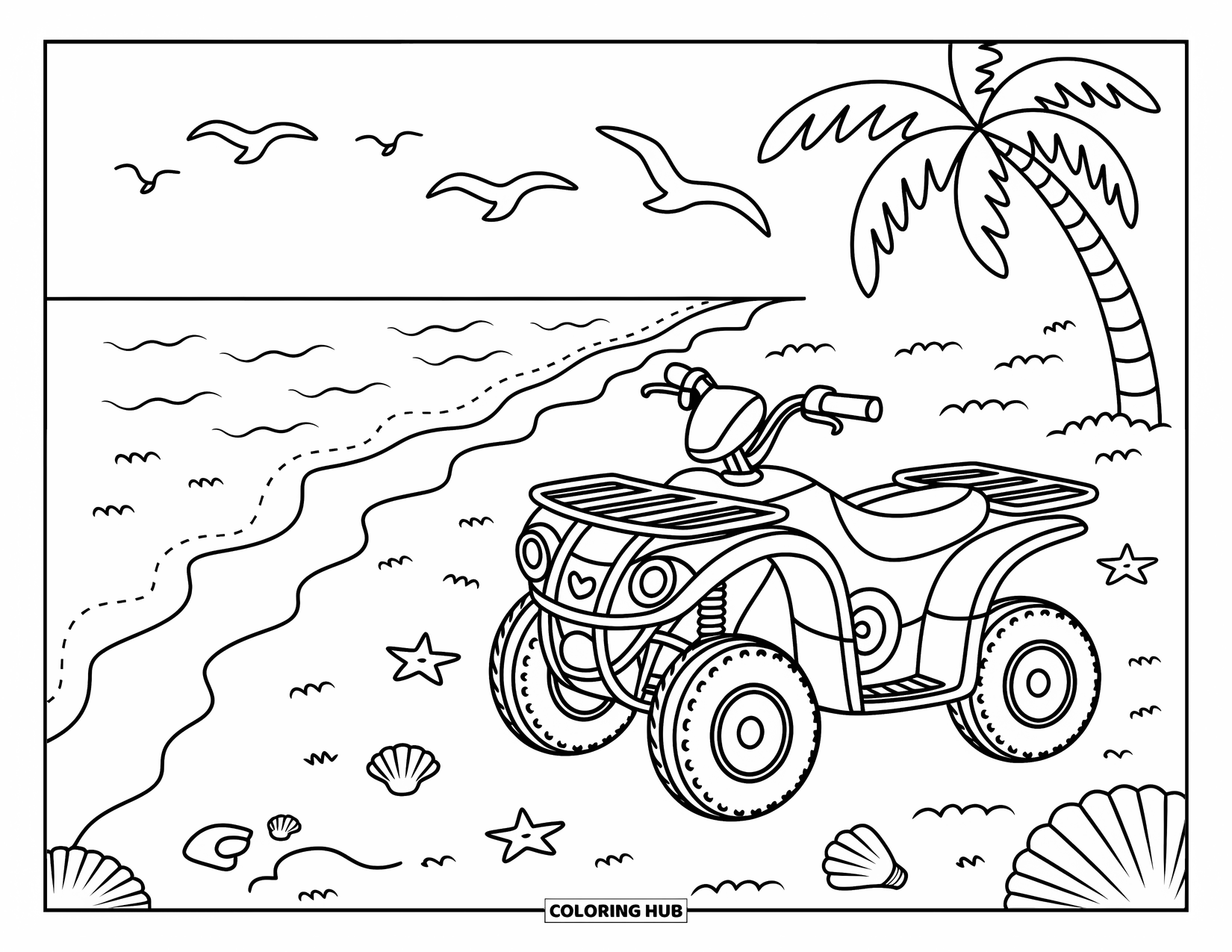 Atv Coloring Page for Adults: An ATV rests on a beach with seashells, starfish, and a leaning palm tree