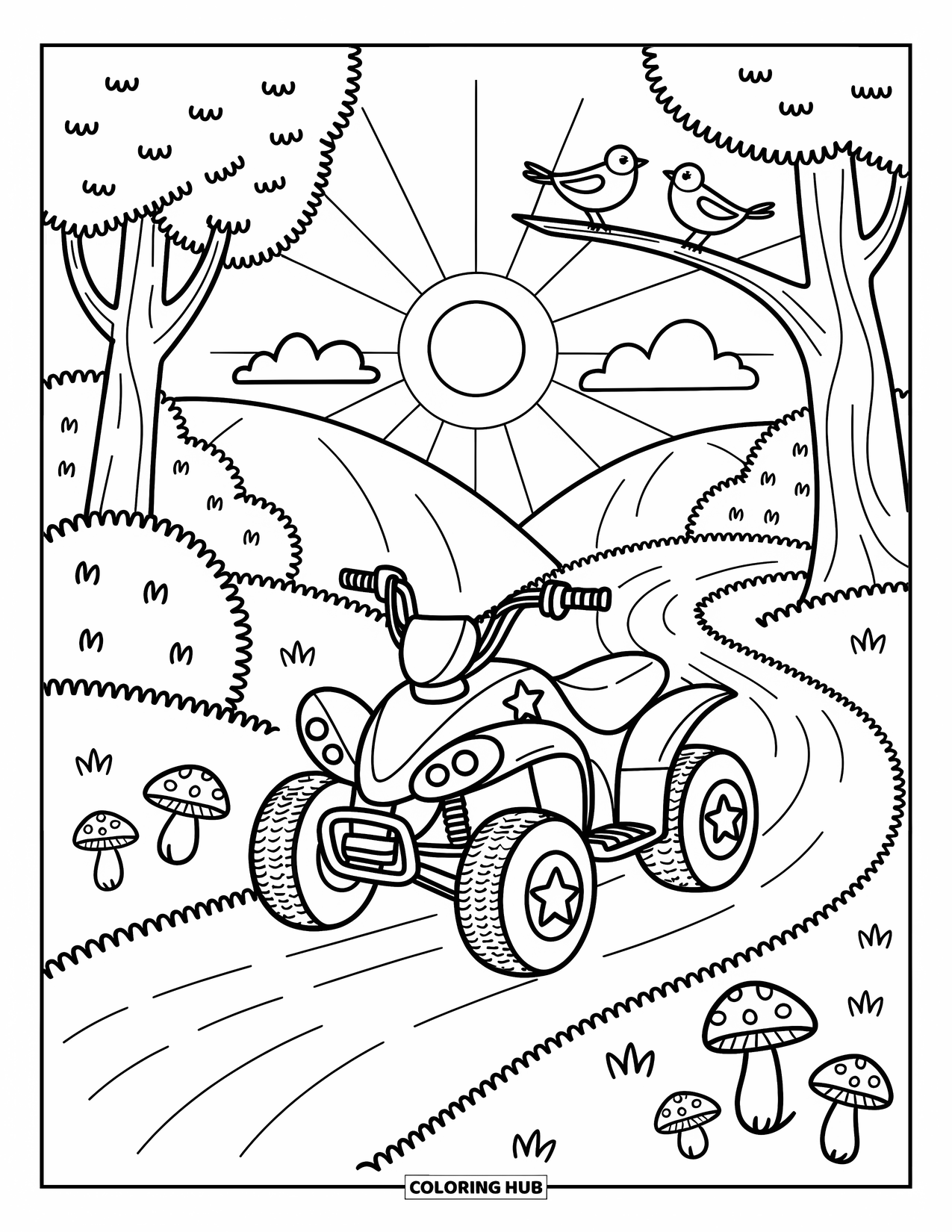 Atv Coloring Page for Adults: An ATV rests on a forest trail surrounded by trees, bushes, and mushrooms