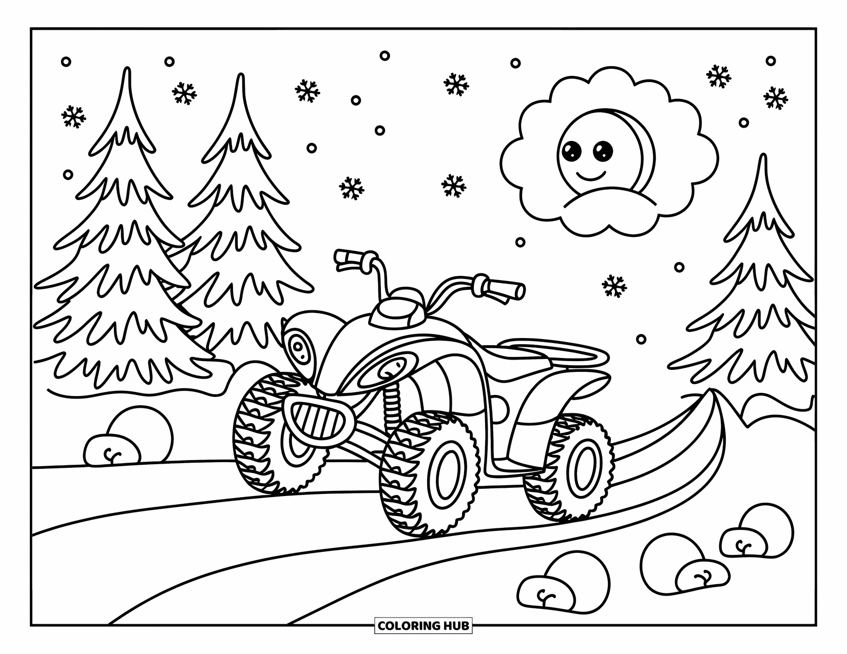 Atv Coloring Page for Adults: An ATV rides through snow while a smiling moon peeks from behind a cloud