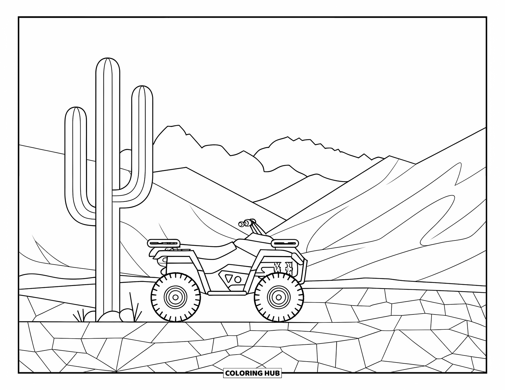 Atv Coloring Page for Adults: An ATV stands on cracked desert ground with mountains and cactus nearby