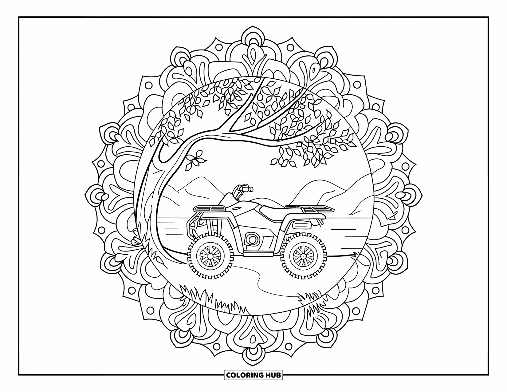 Atv Coloring Page for Adults: An ATV under a leafy tree enclosed by a detailed mandala and peaceful landscape