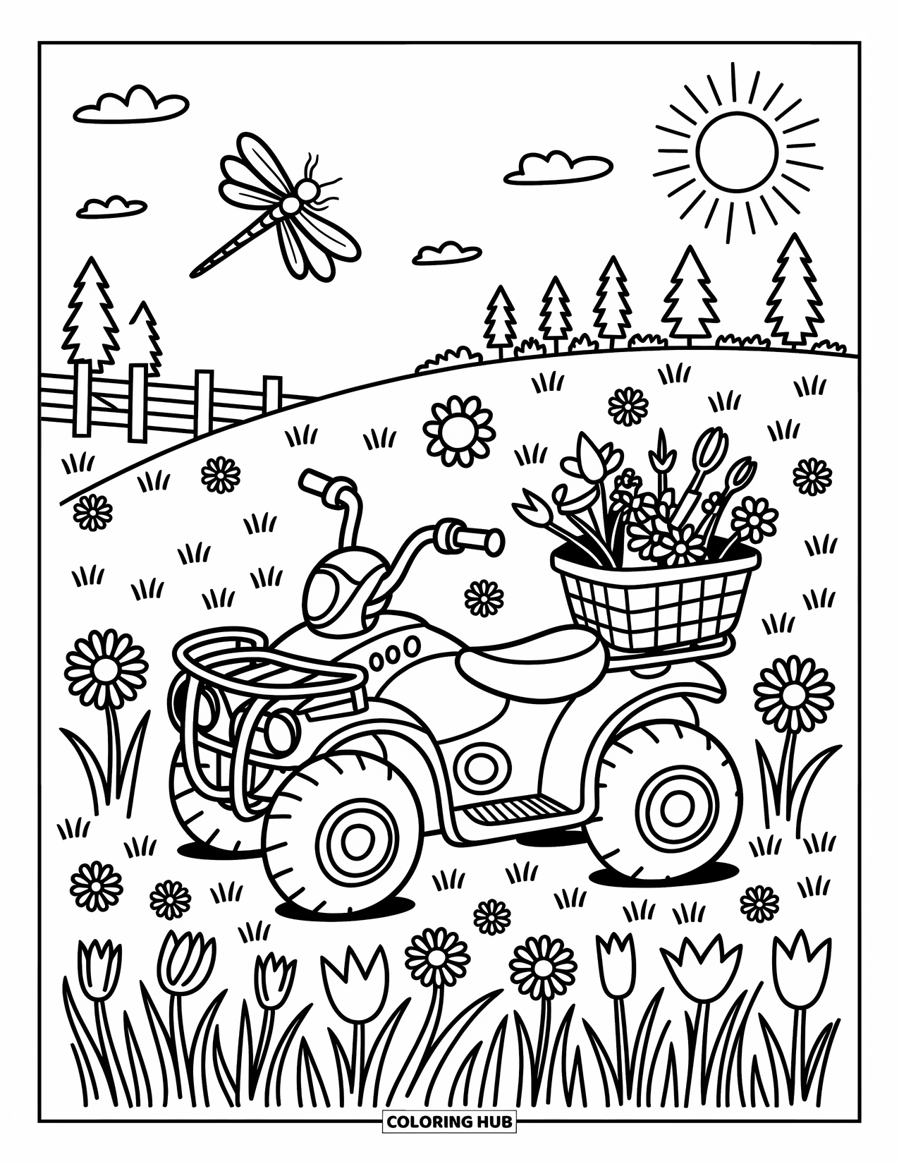 Atv Coloring Page for Adults: An ATV with a flower-filled basket sits among tall grass and spring blooms