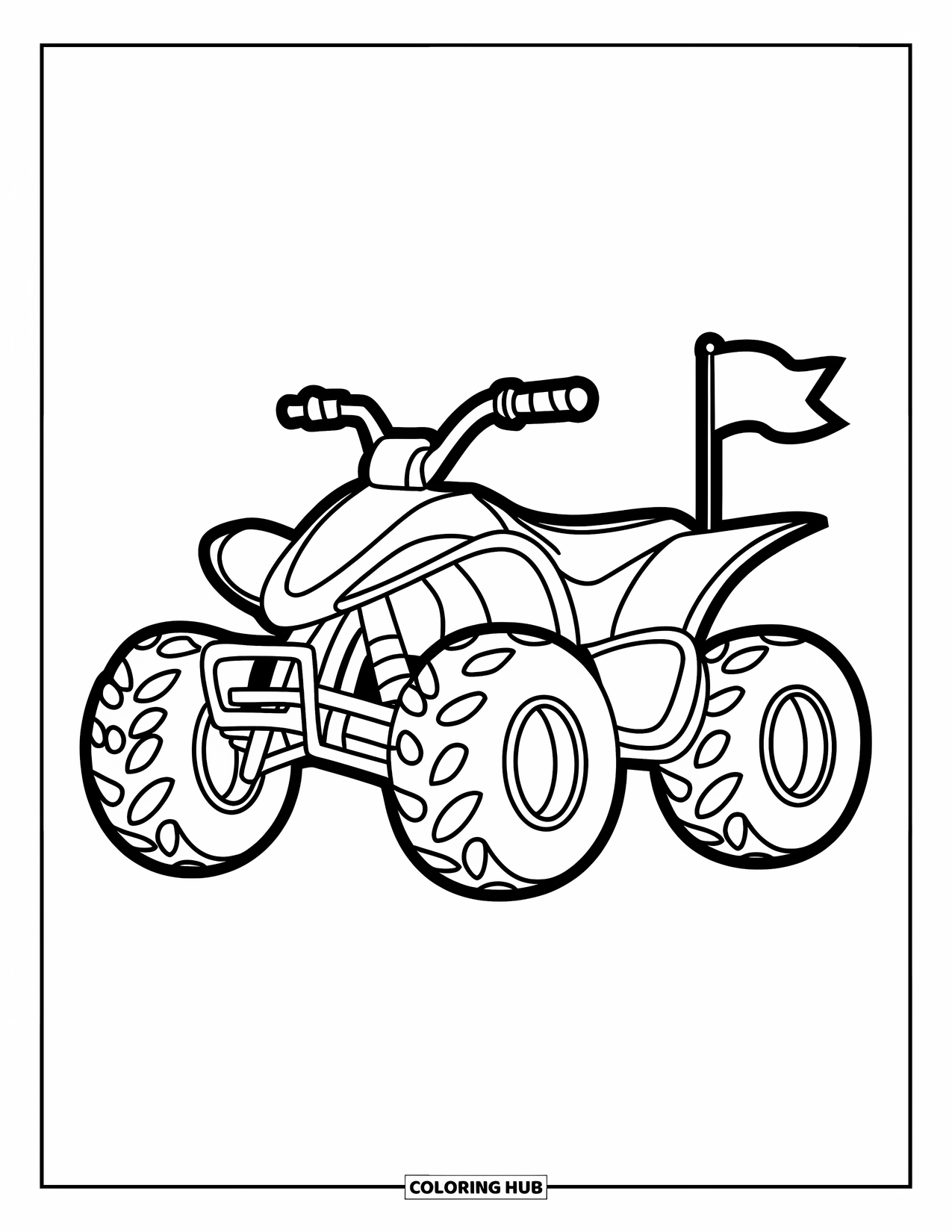 Atv Coloring Page for Kids: A flag-waving ATV with chunky tires rests on a blank white field