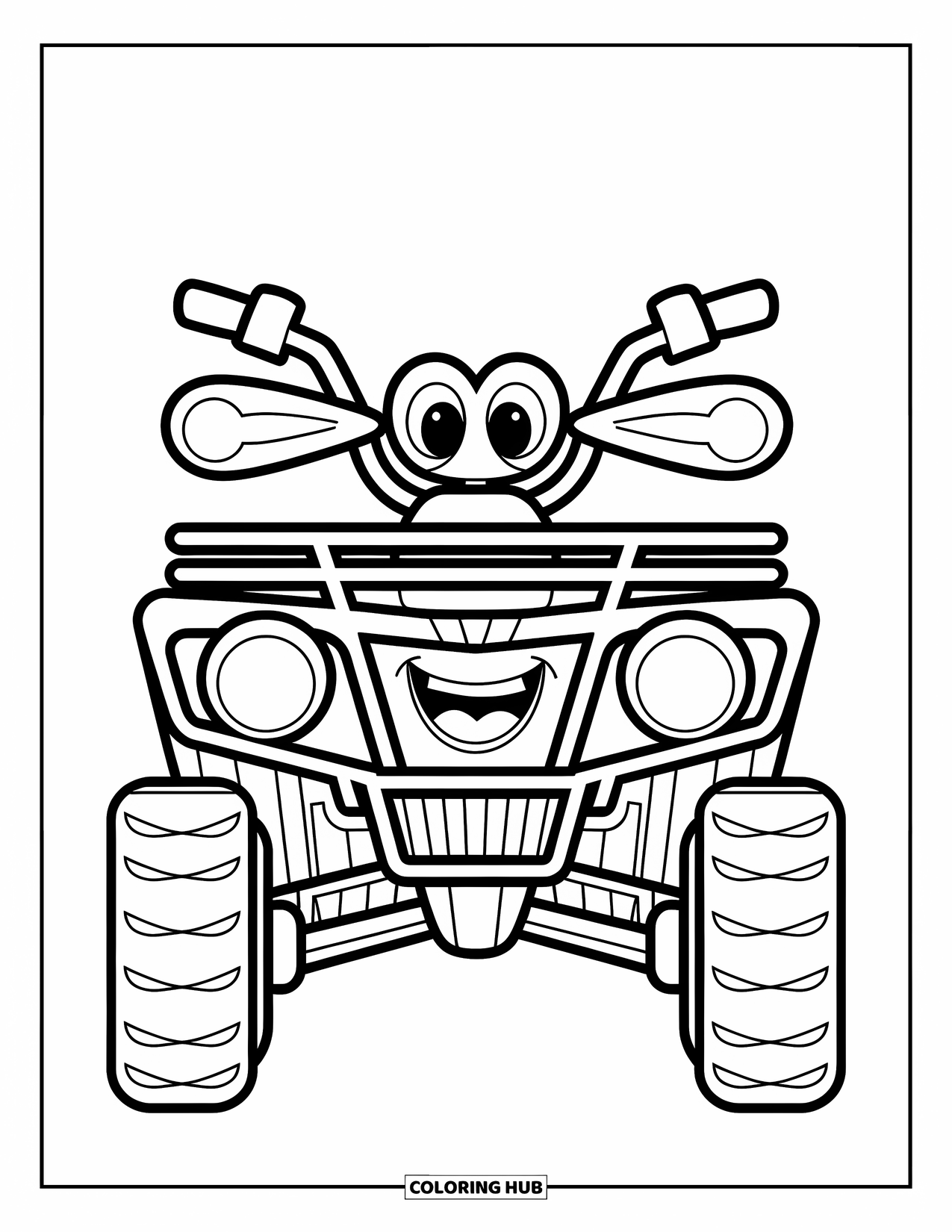 Atv Coloring Page for Kids: A front-view ATV smiles with big headlights and cheerful eyes