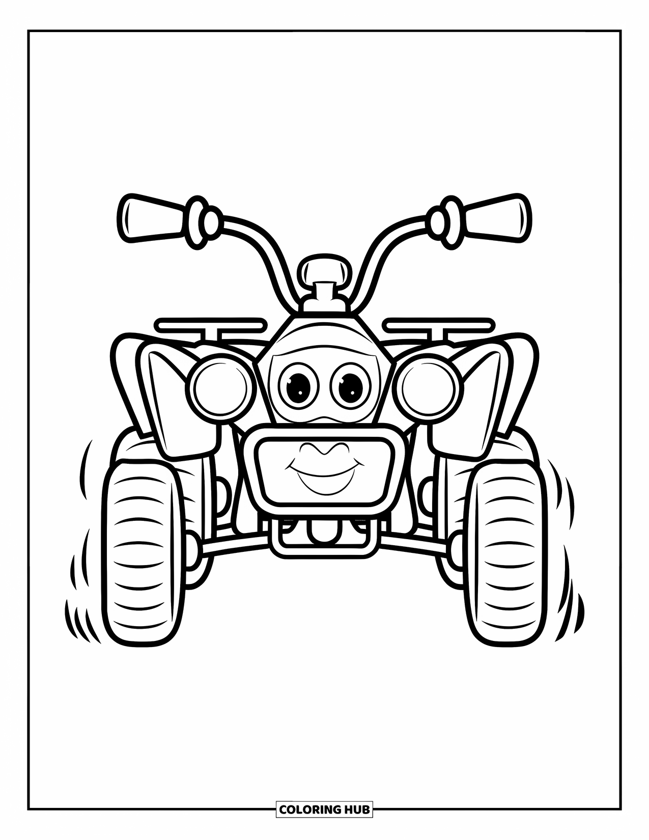 Atv Coloring Page for Kids: A happy ATV with big eyes faces forward on a white background
