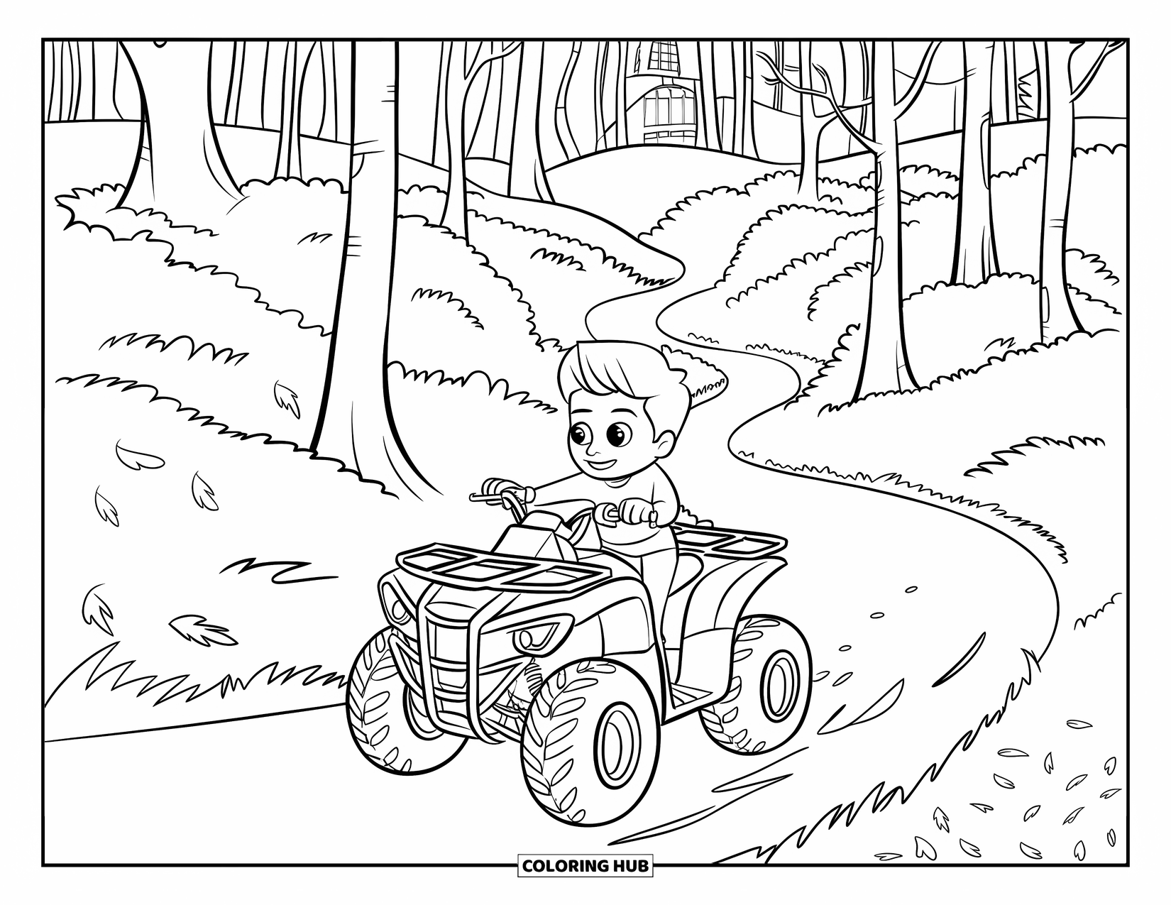 Atv Coloring Page for Kids: A kid rides an ATV through trees with leaves scattered on the path