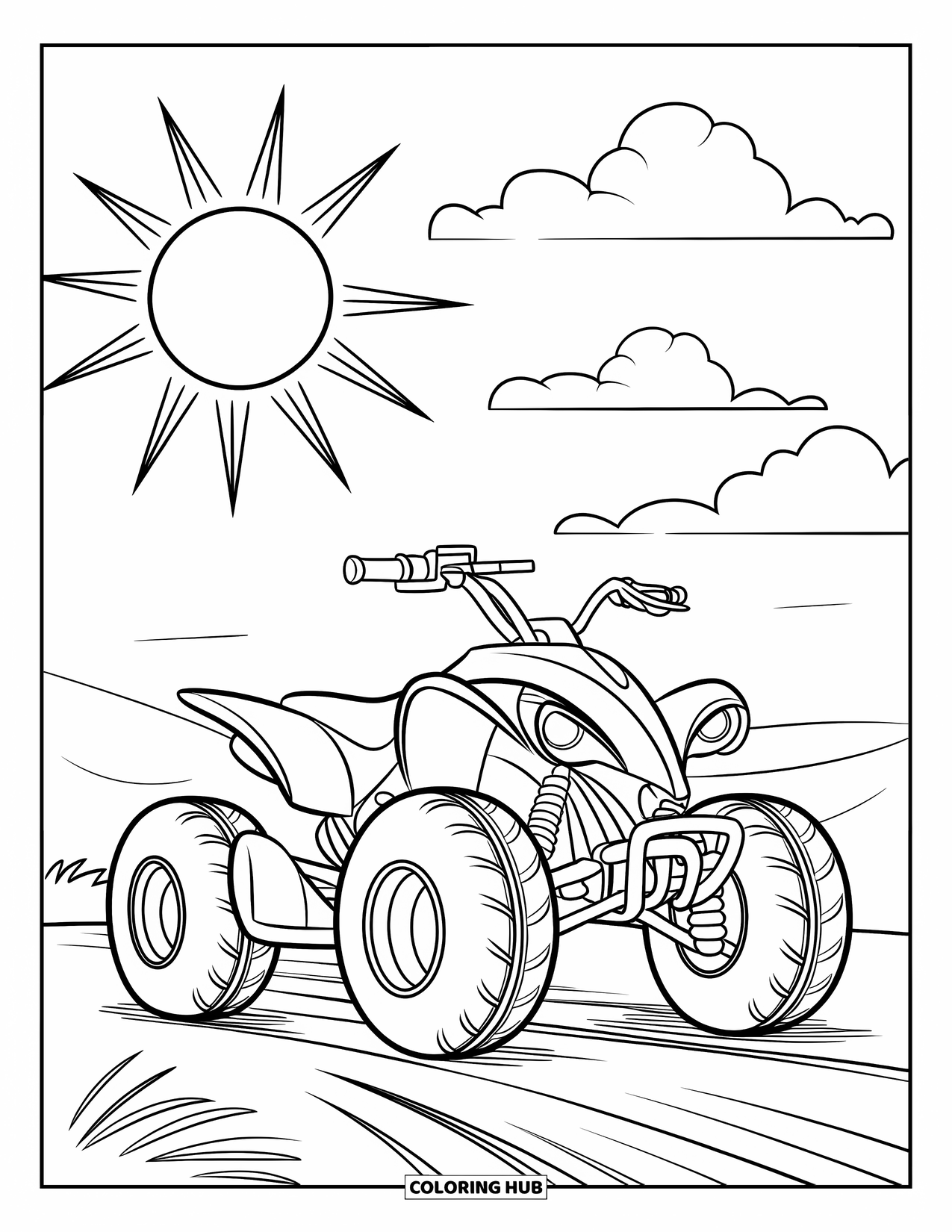 Atv Coloring Page for Kids: A playful ATV with big wheels rests under the sun and fluffy clouds