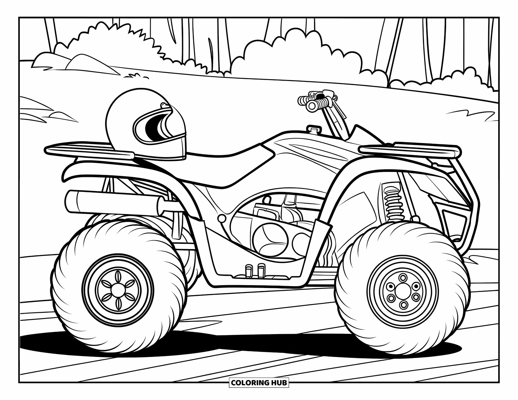 Atv Coloring Page for Kids: A side-view ATV with a helmet on the seat sits on a dirt road