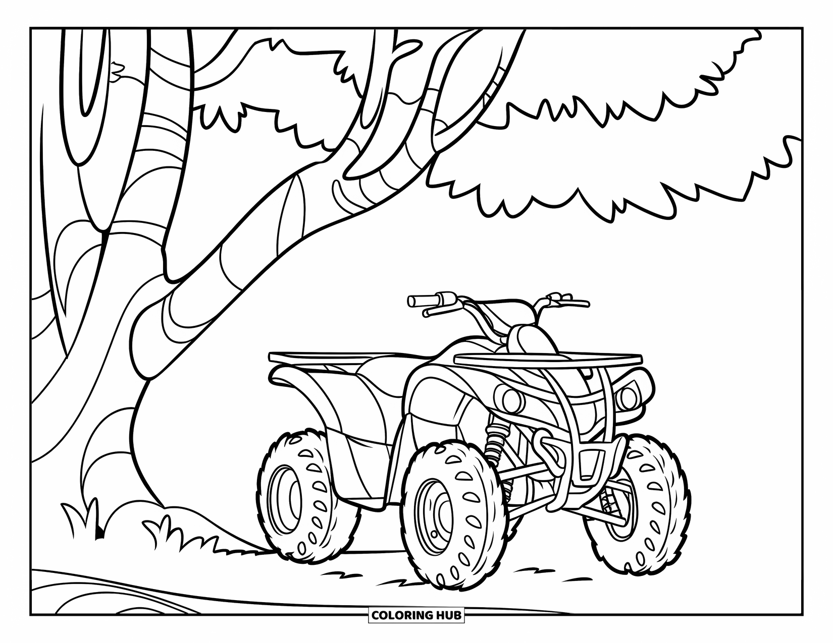 Atv Coloring Page for Kids: A simple ATV parks under a big tree on a white background