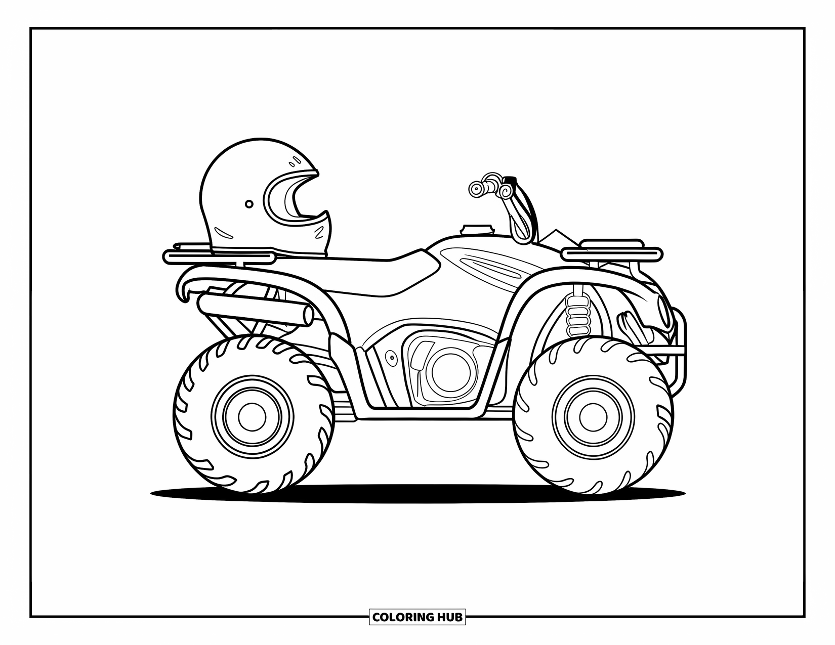 Atv Coloring Page for Kids: A simple ATV with a helmet on the seat rests on white