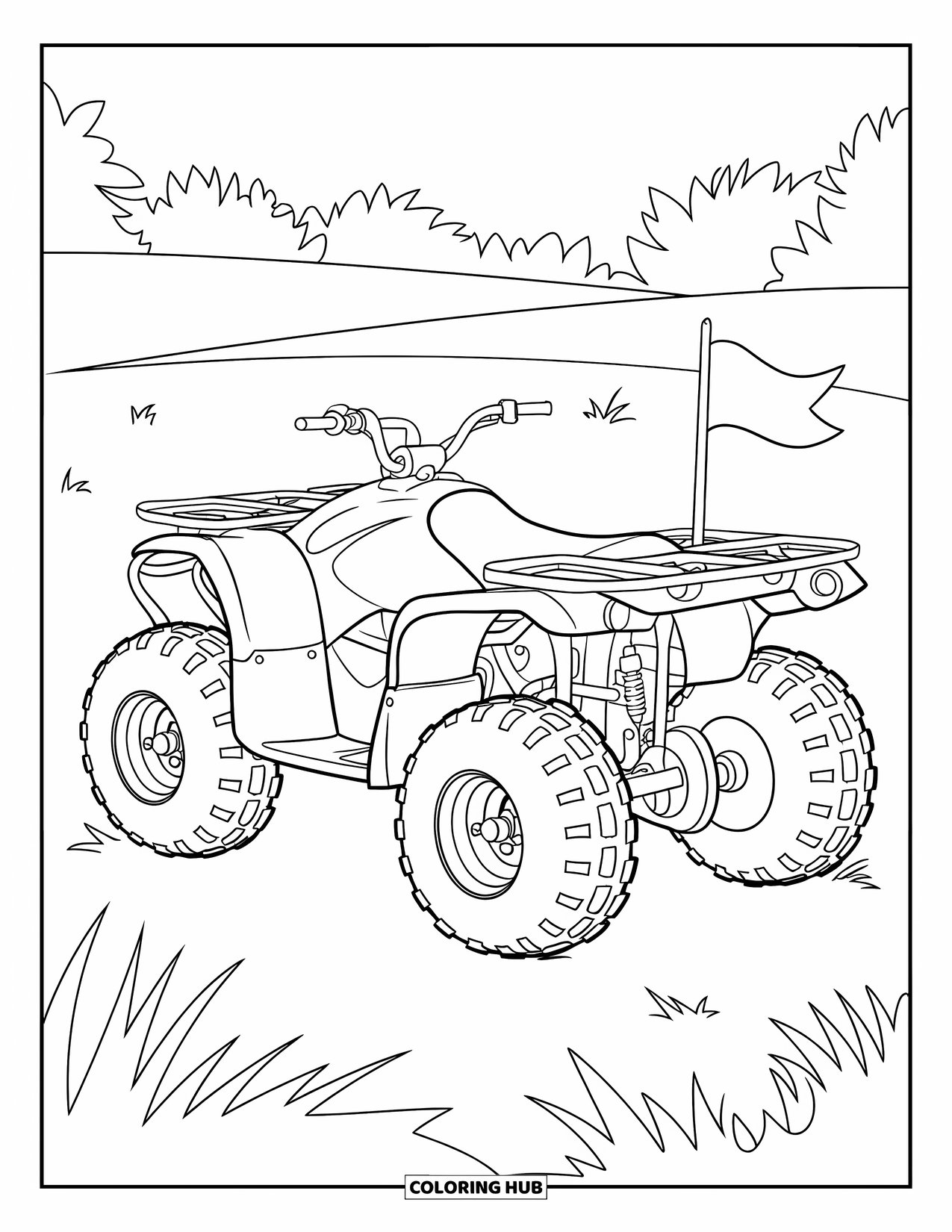 Atv Coloring Page for Kids: A simple ATV with bold tires and a flag stands on grassy hills