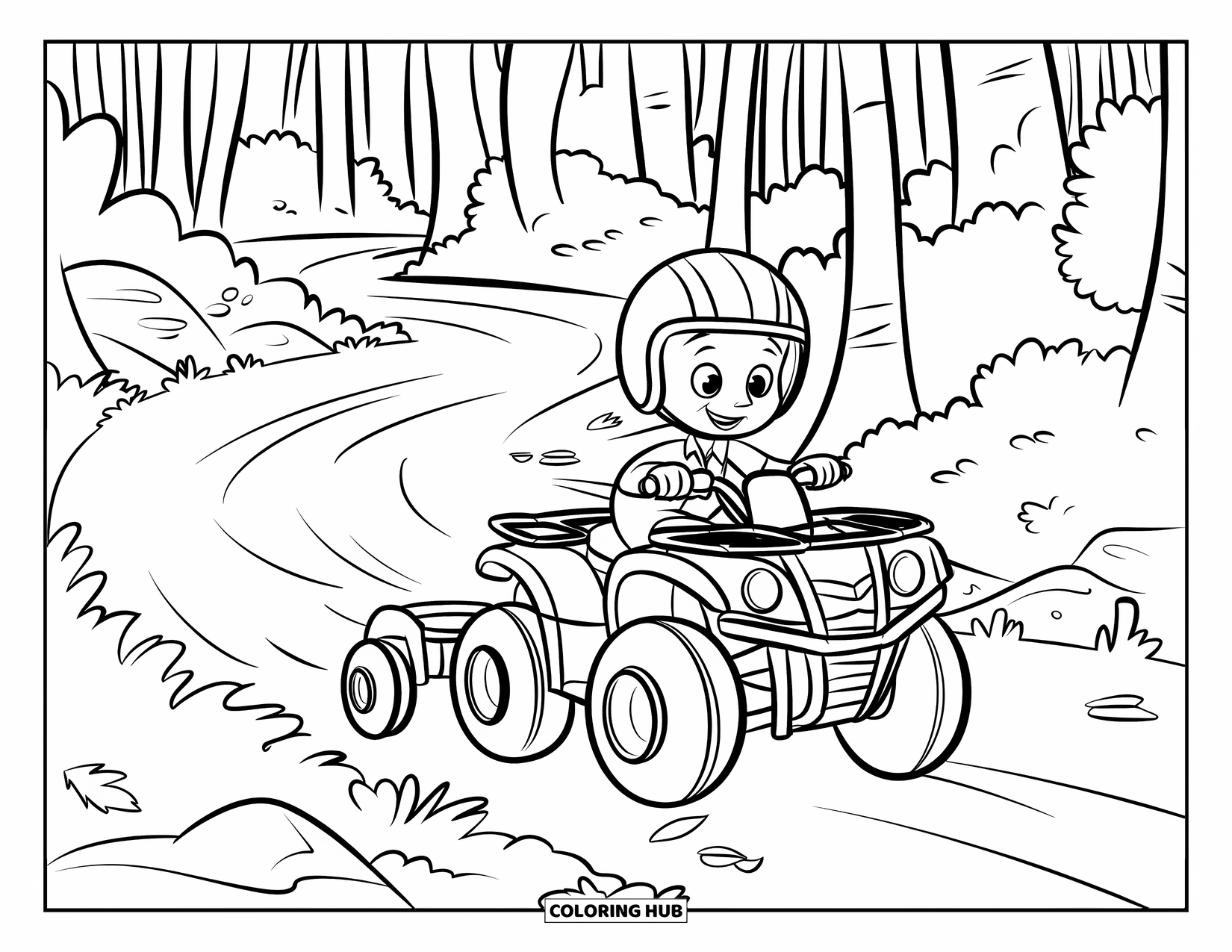 Atv Coloring Page for Kids: A smiling kid rides an ATV along a leaf-covered forest path
