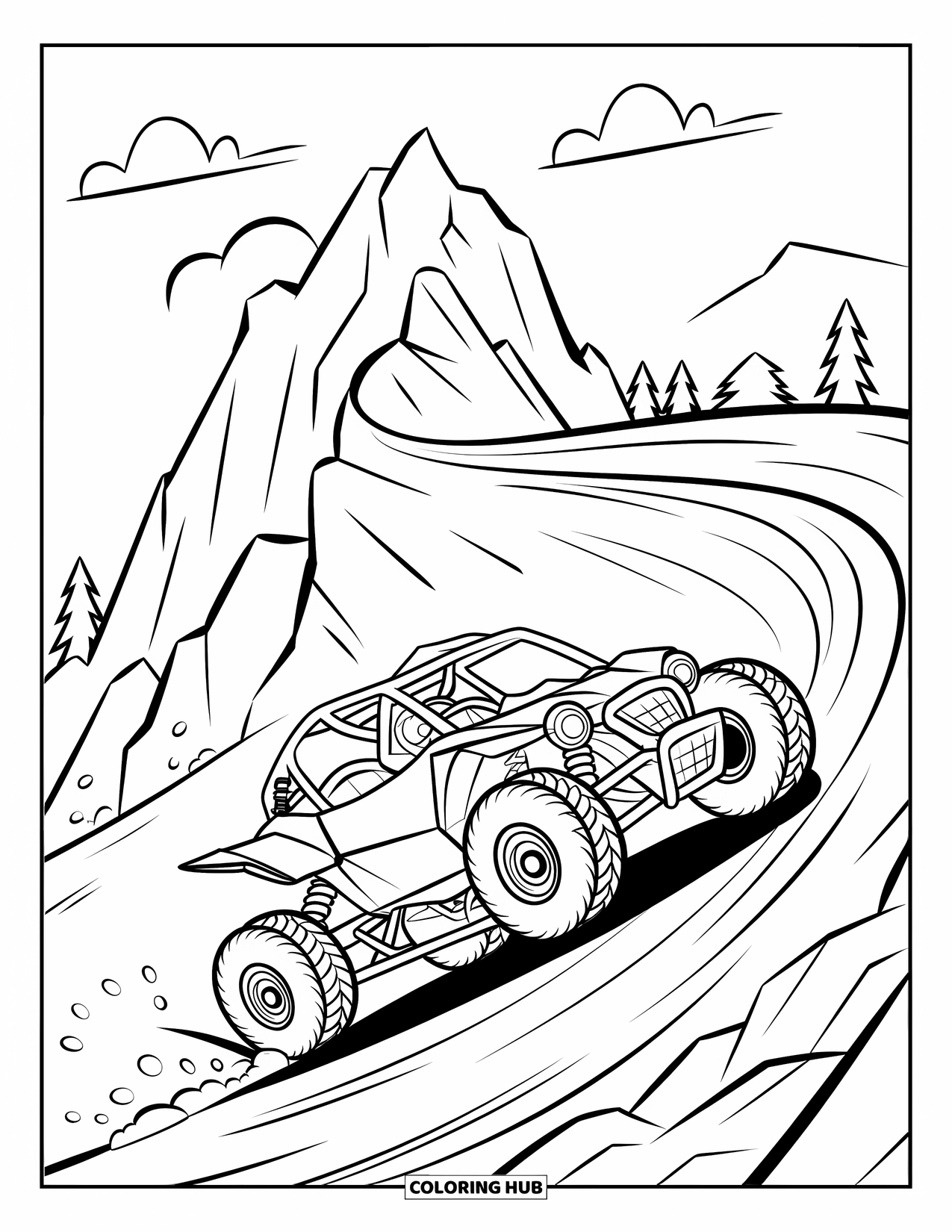 Atv Coloring Page for Kids: A sport ATV drifts around a sharp bend on a mountain road