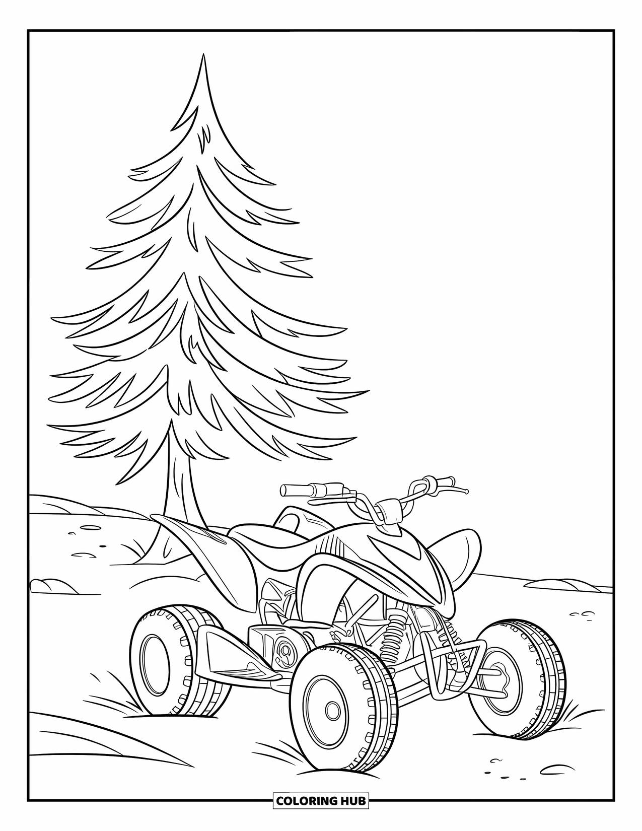 Atv Coloring Page for Kids: A sturdy ATV sits under a pine tree in an open landscape