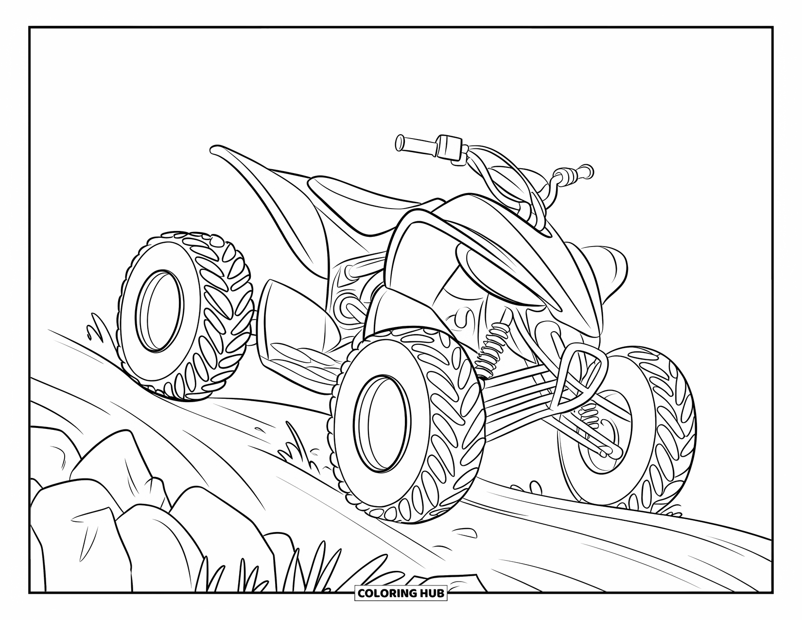 Atv Coloring Page for Kids: An ATV climbs rocks on a mountain trail with bold, clean outlines