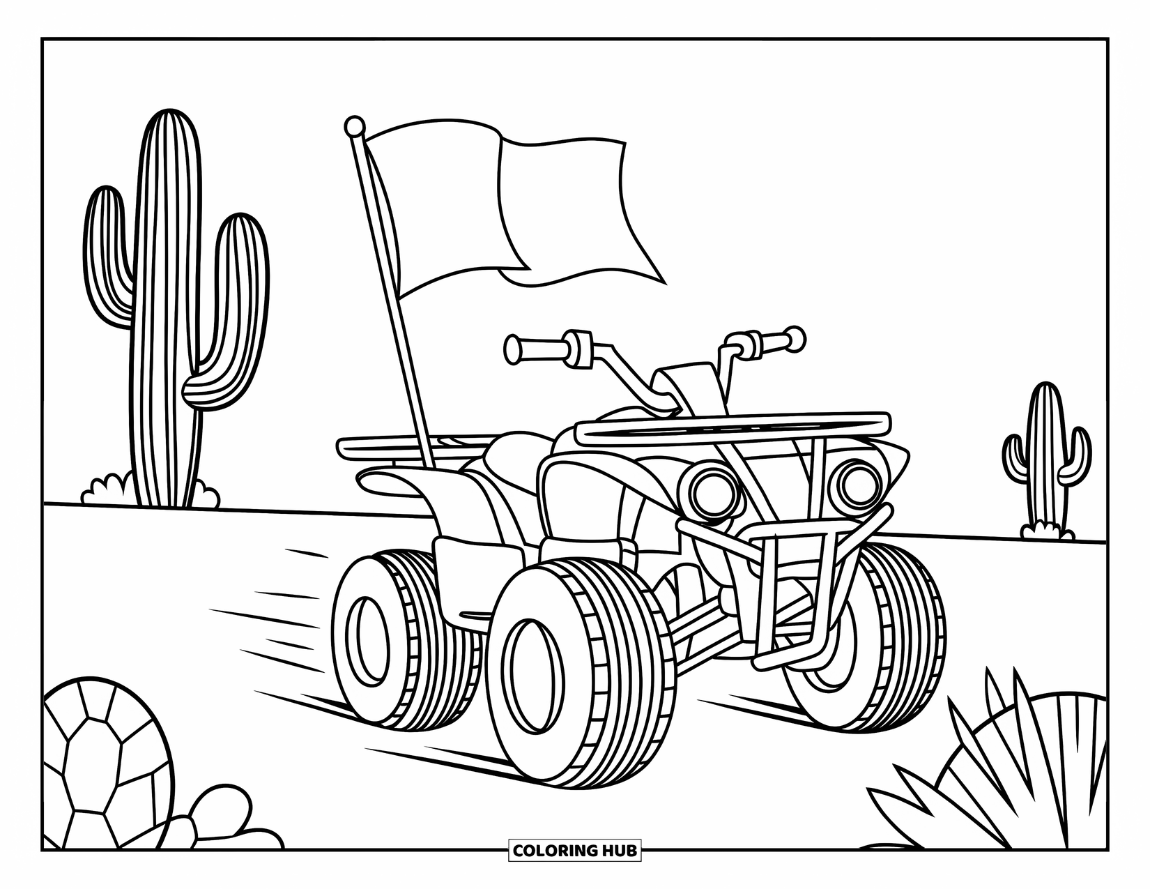 Atv Coloring Page for Kids: An ATV drives past waving cacti with a flag on the back
