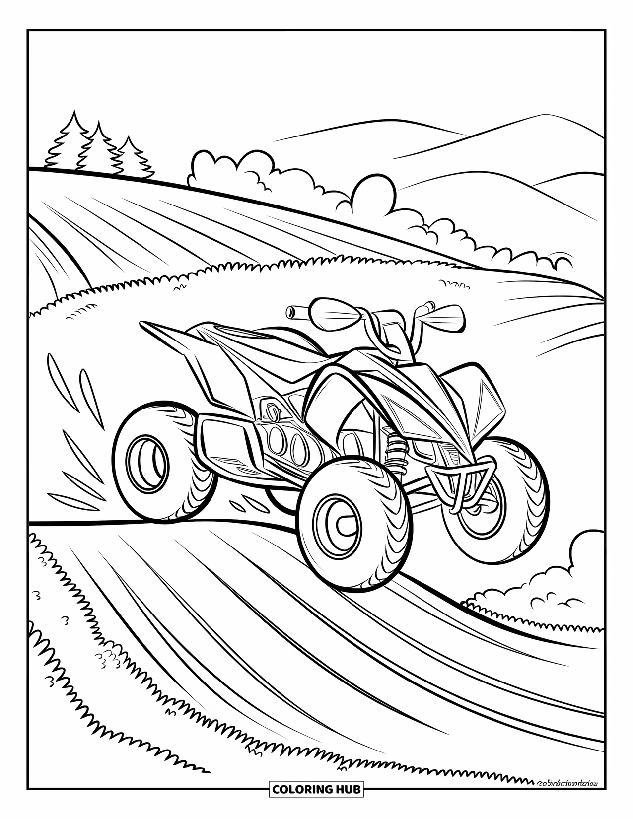 Atv Coloring Page for Kids: An ATV launches off a dirt ramp on a hilly path