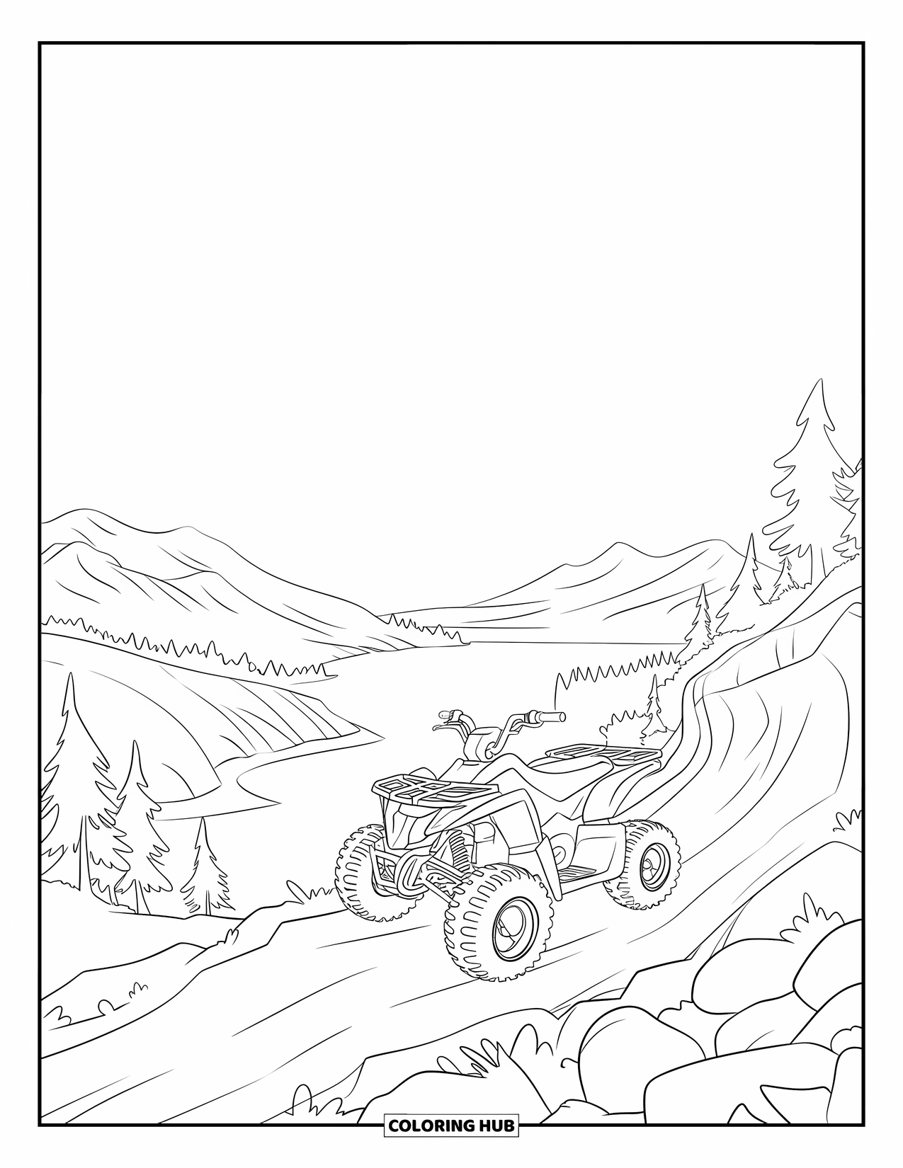 Atv Coloring Page for Kids: An ATV rides a rocky cliff trail overlooking mountains and water