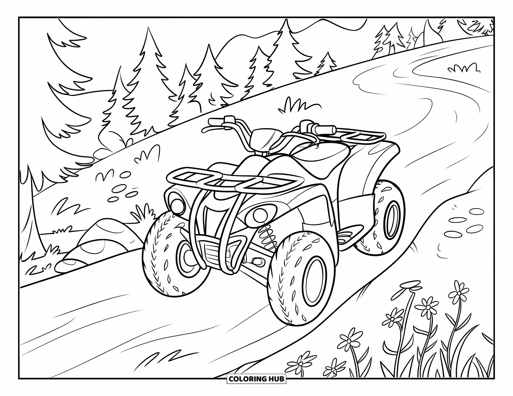 Atv Coloring Page for Kids: An ATV sits near rocks and flowers on a pine-covered hillside