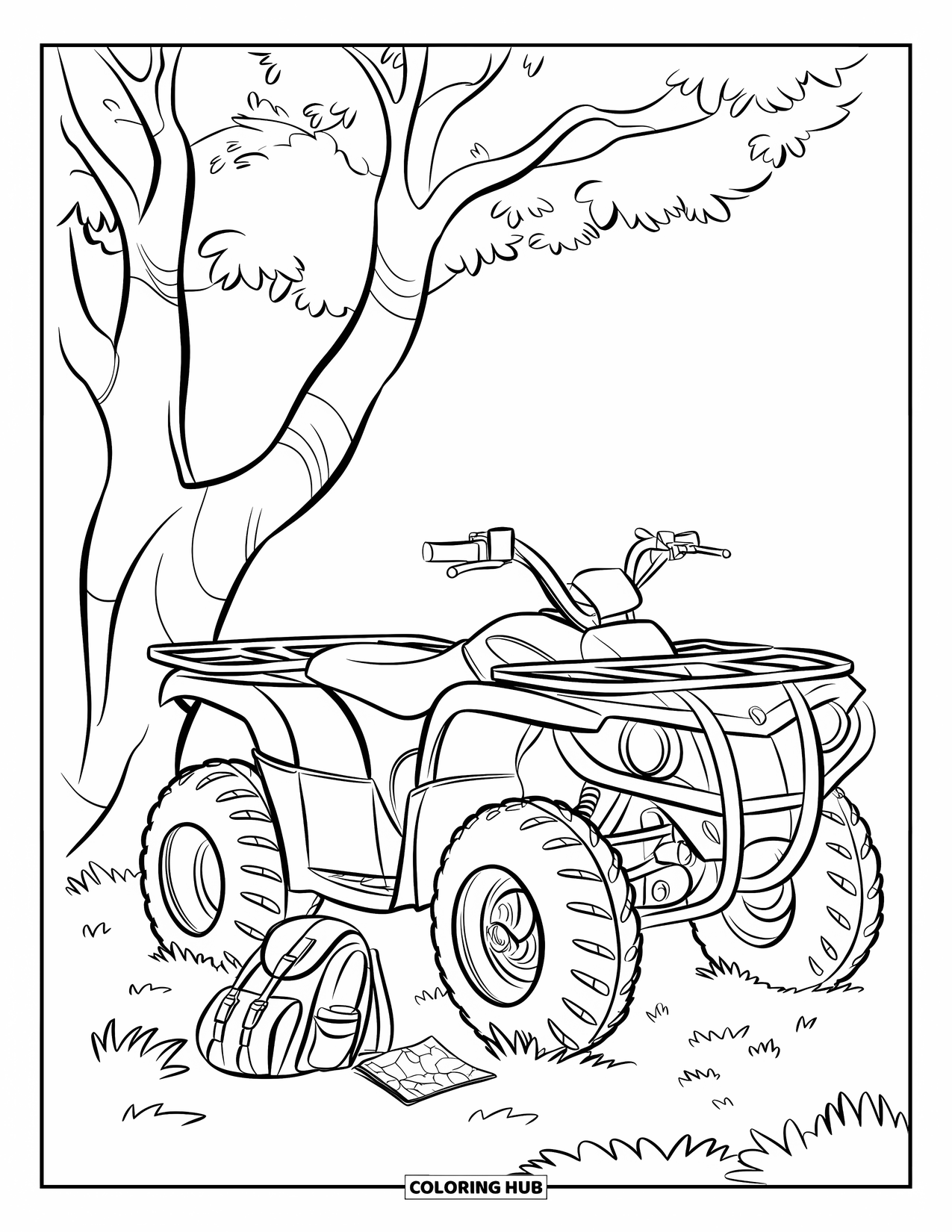 Atv Coloring Page for Kids: An ATV stands under a tree with grass and a small map nearby
