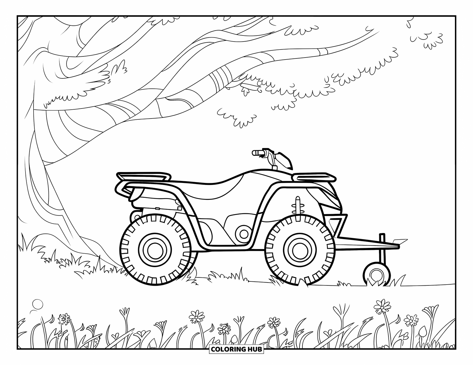 Atv Coloring Page for Kids: An ATV with a trailer parks under a tree in a wildflower meadow