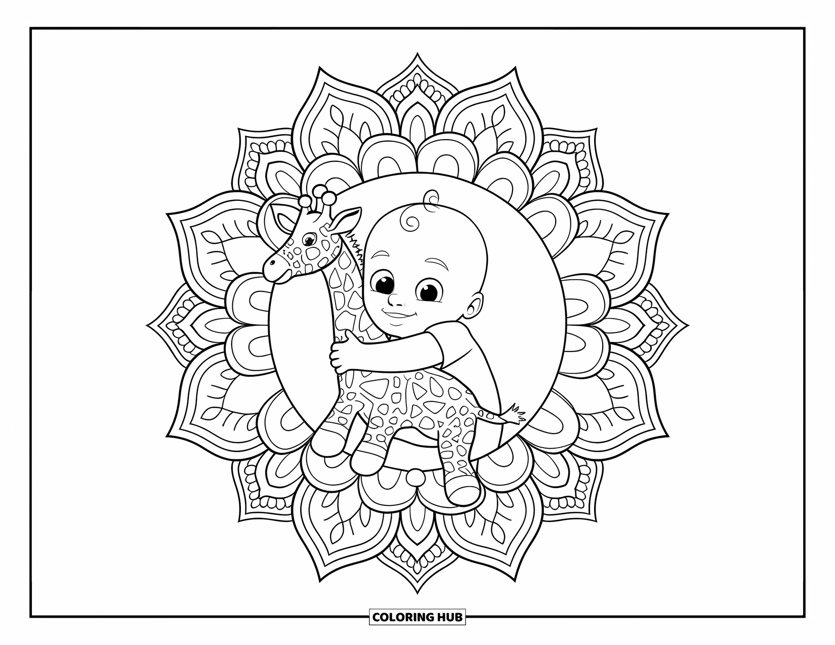 Baby Boy Coloring Page for Adults: A baby cuddles a giraffe plush inside a lotus mandala filled with soft patterns
