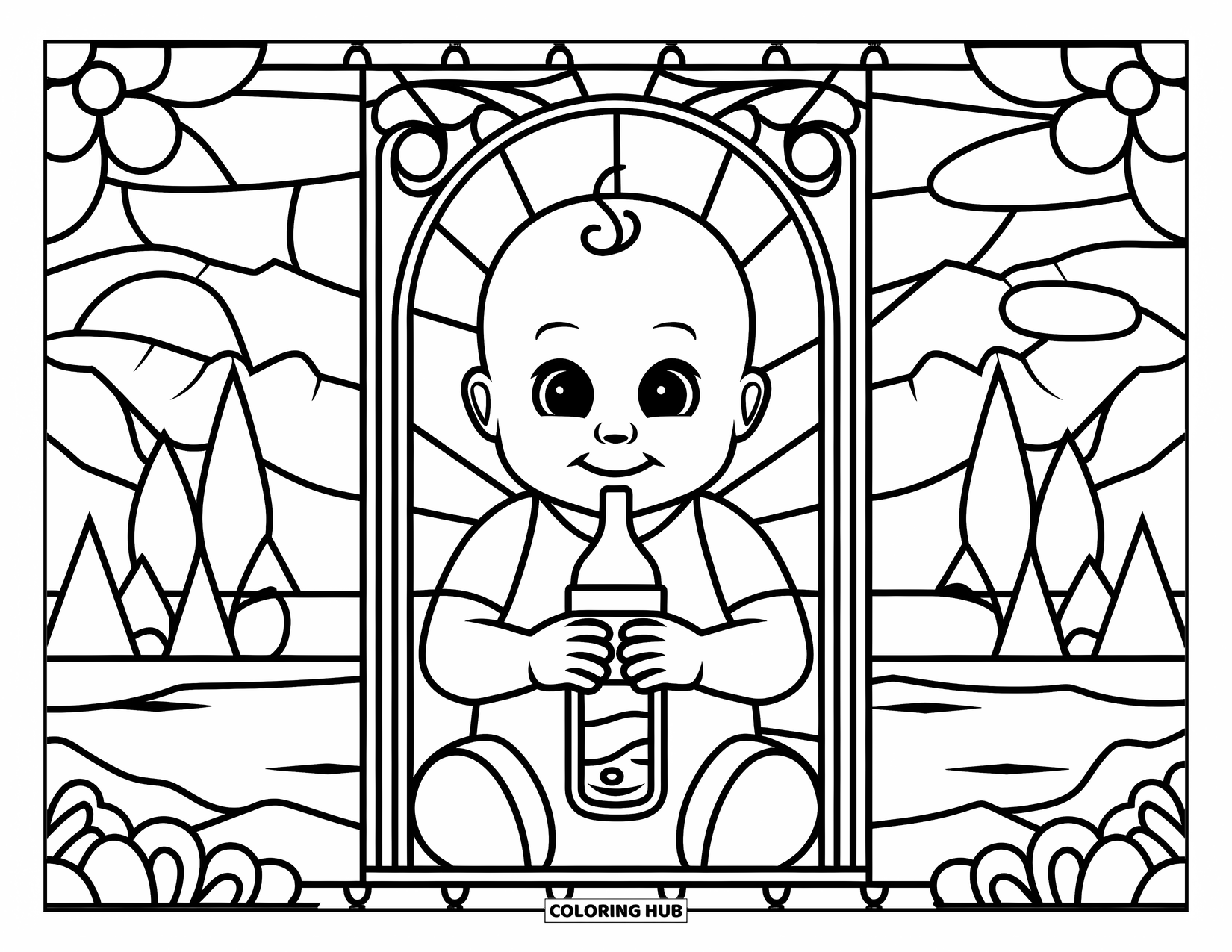 Baby Boy Coloring Page for Adults: A baby drinks quietly in a stained glass frame set against a gentle outdoor scene
