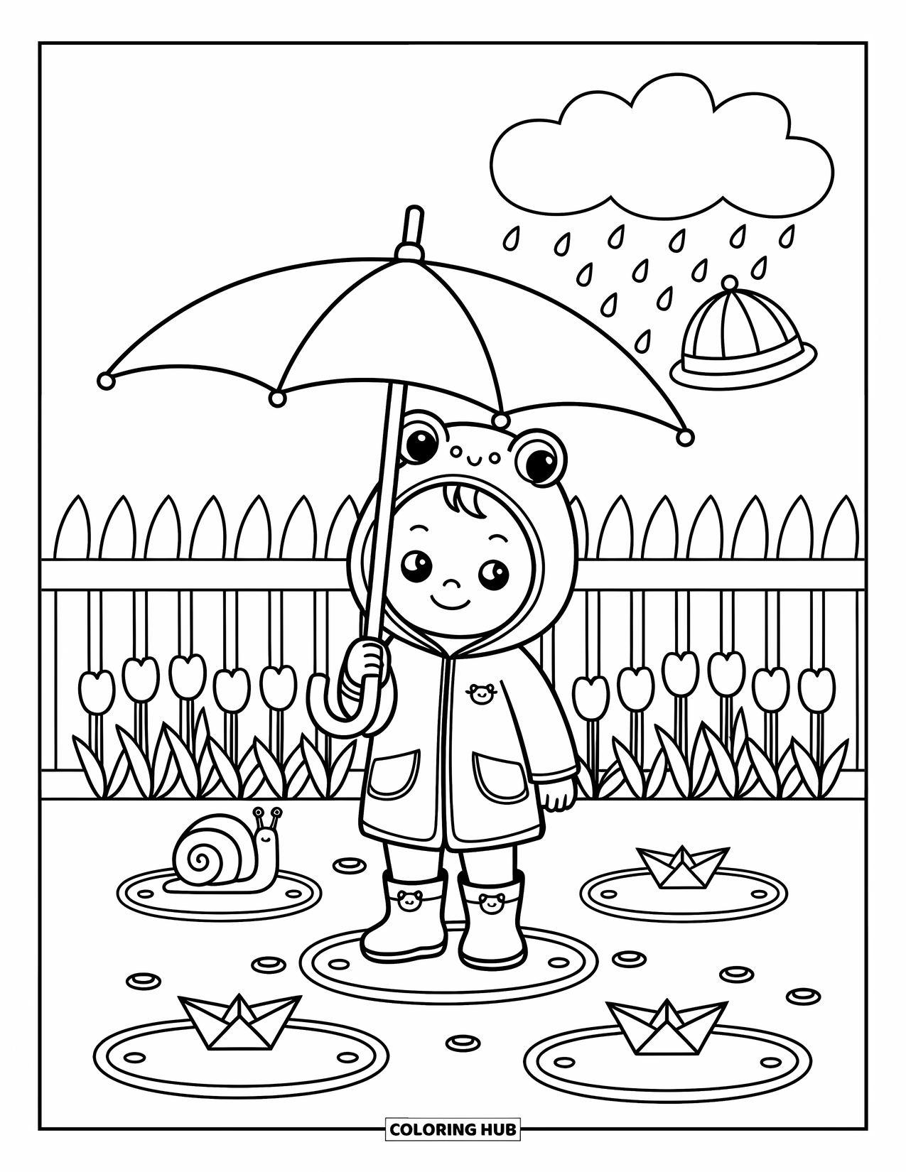 Baby Boy Coloring Page for Adults: A baby in a frog raincoat stands in puddles beneath a curved umbrella