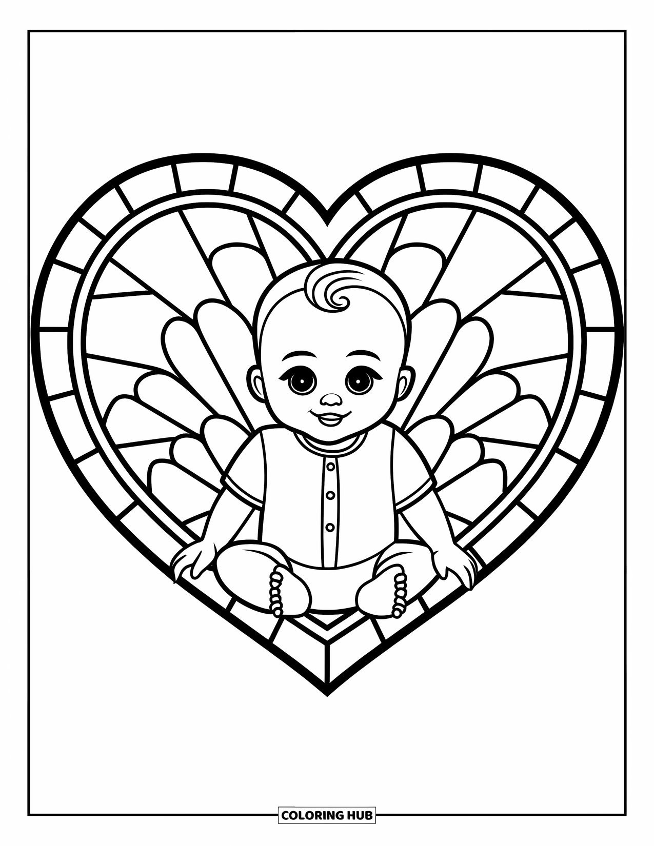 Baby Boy Coloring Page for Adults: A baby in a onesie rests inside a heart-shaped stained glass frame