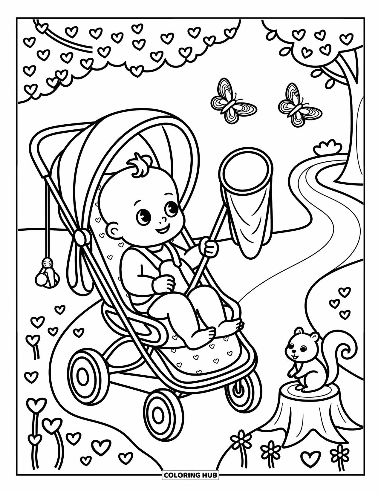 Baby Boy Coloring Page for Adults: A baby in a stroller watches butterflies near a trail with flowers and a squirrel