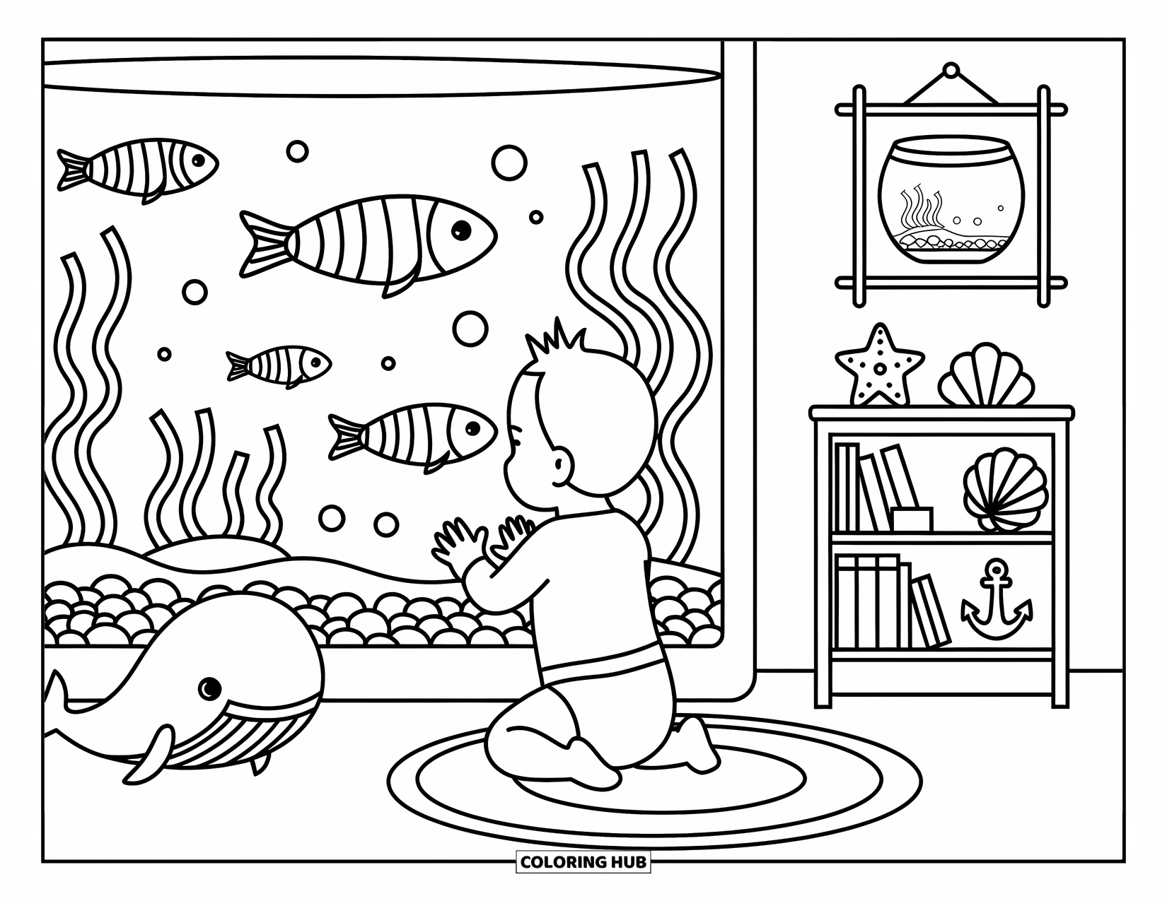 Baby Boy Coloring Page for Adults: A baby leans close to a fish tank, mesmerized by fish and swaying seaweed