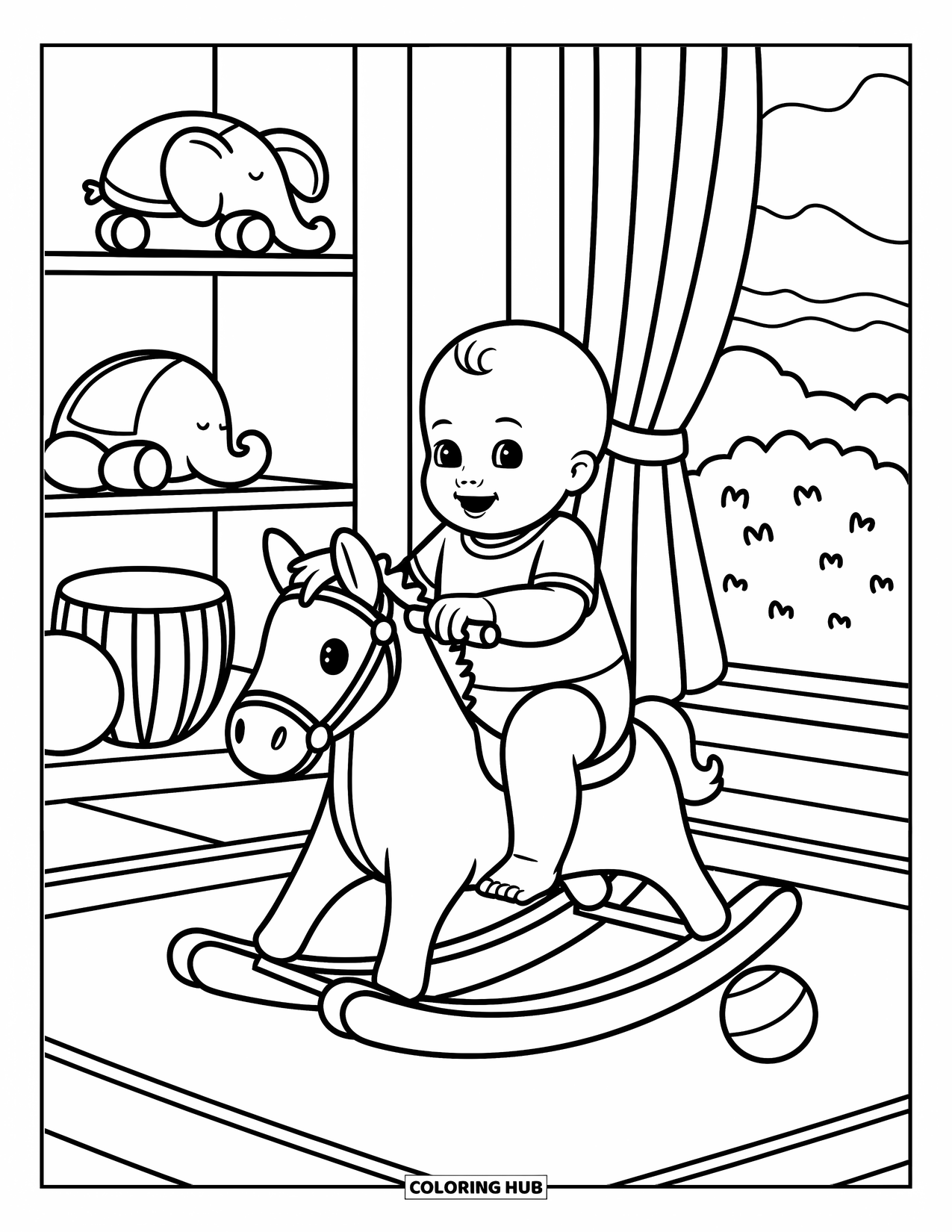 Baby Boy Coloring Page for Adults: A baby rides a wooden horse beside soft toys, a ball, and an open window