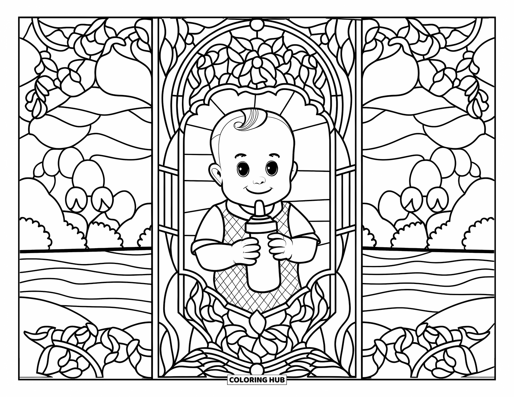 Baby Boy Coloring Page for Adults: A baby sits peacefully with a bottle, surrounded by stained glass and mountain scenery