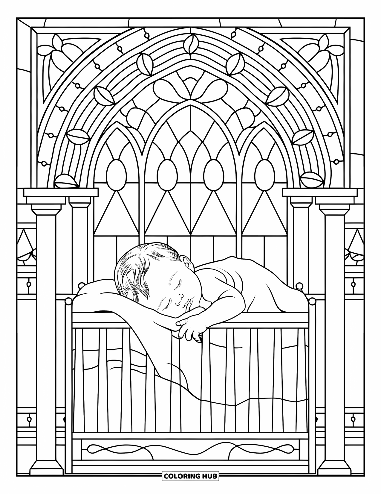 Baby Boy Coloring Page for Adults: A baby sleeps in a crib beneath a stained glass arch with flower patterns