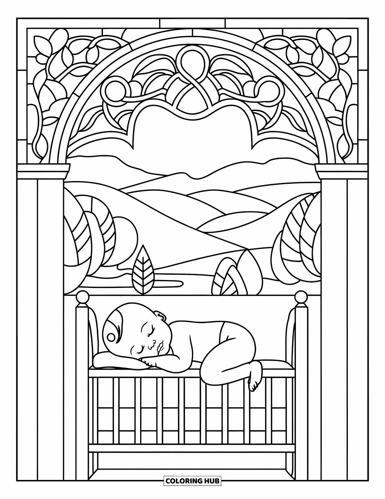 Baby Boy Coloring Page for Adults: A baby snoozes in a crib under a stained glass arch with hills and water beyond