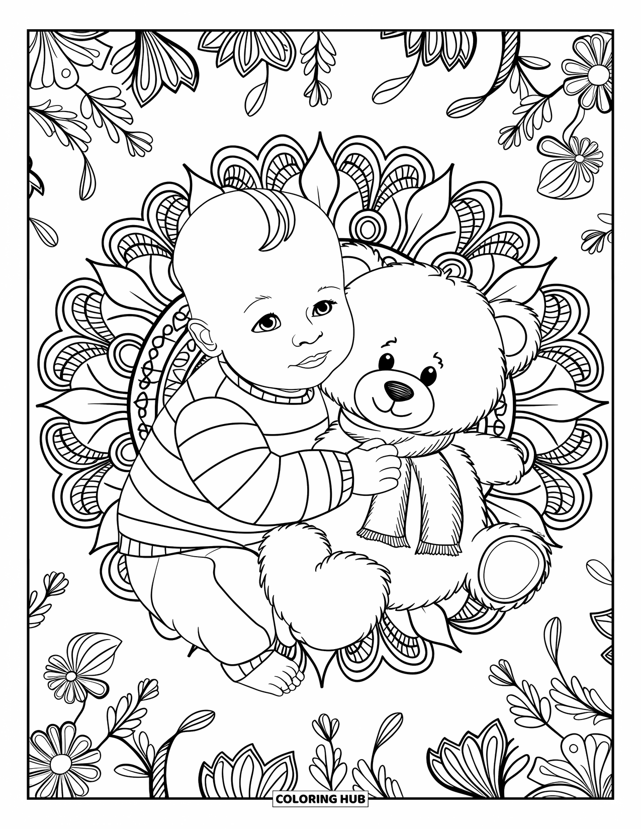 Baby Boy Coloring Page for Adults: A baby snuggles a teddy in front of a floral mandala full of tiny patterns